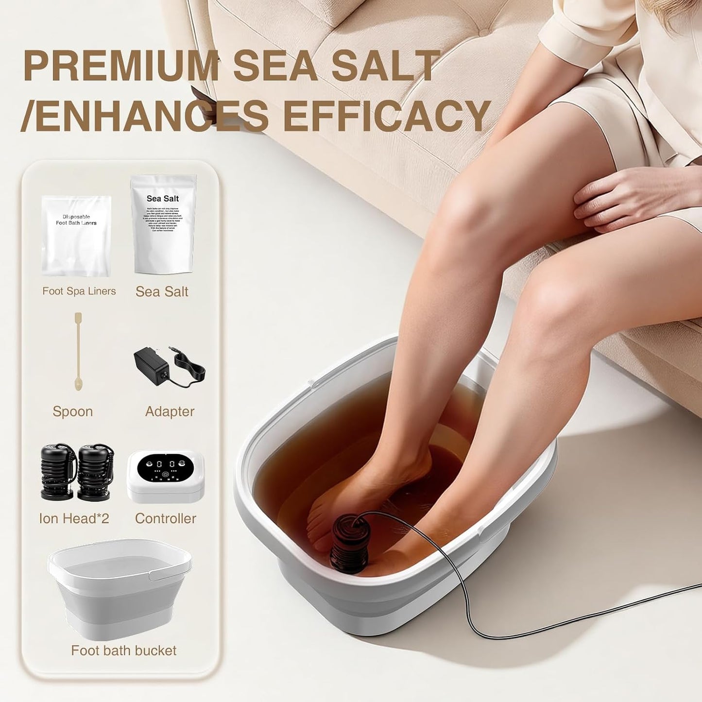 Ionic Foot Bath Detox Machine,Foot Detox Foot Bath Soak Tub with 2 Arrays,80 Disposable Liners,Detox Sea Salt,Folding Foot Spa Bucket,Home Salon-Level Foot Soaking Tub