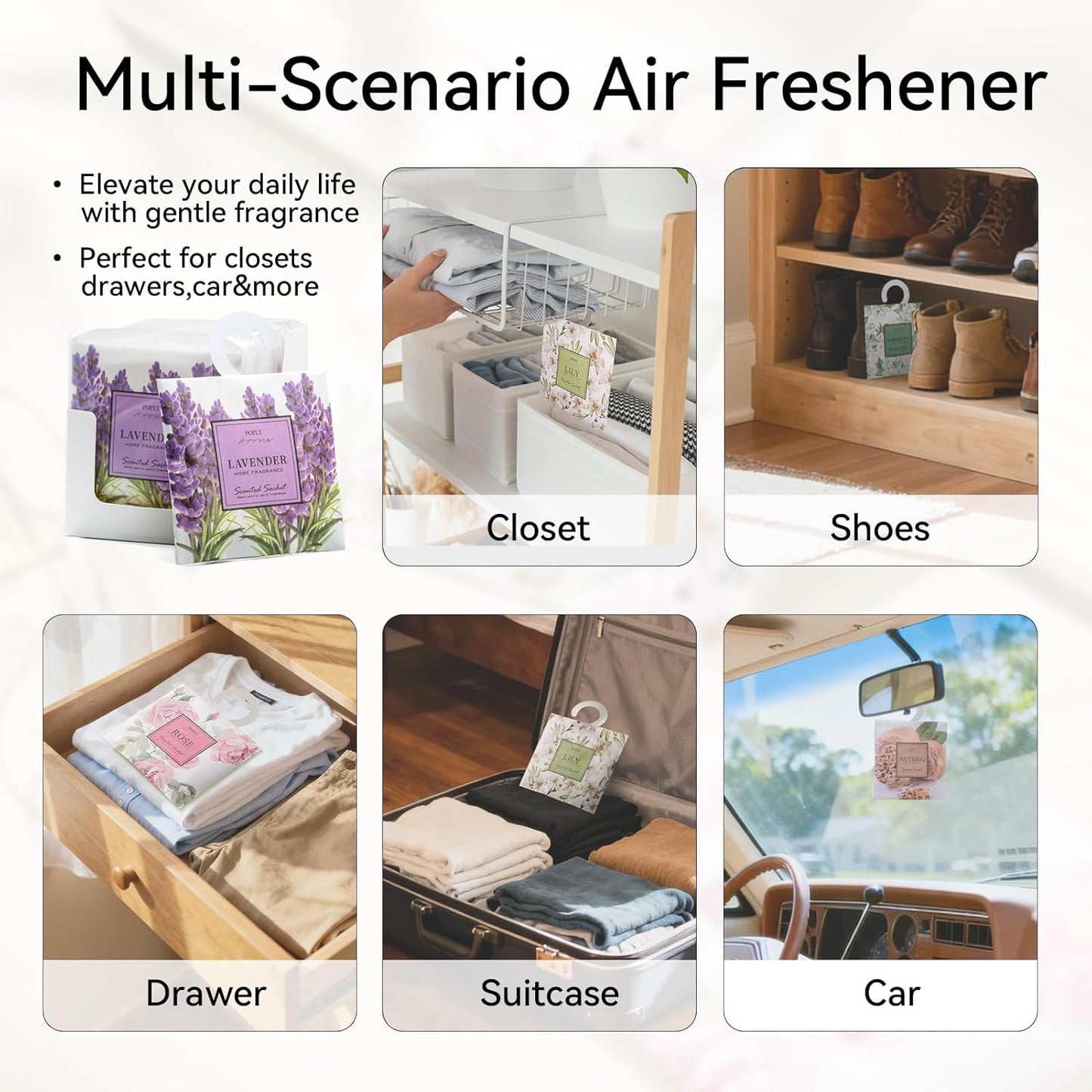 12 Pack Sakura Scented Sachets, Long-Lasting Fresh Scent, Air Freshener for Closet & Drawers, Hanging Deodorizer for Home