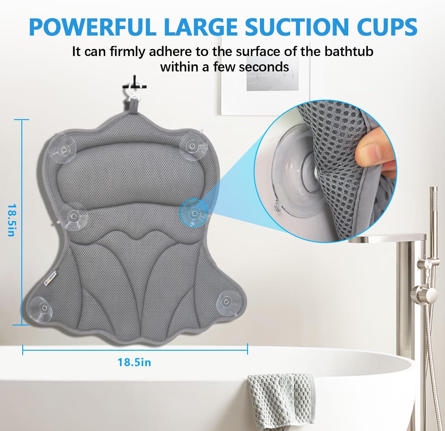 REEZEIVI Bath Pillows for Tub,Bath Pillow with 6 Non-Slip Suction Cups,Soft 4D Mesh Fabric,Bathtub Pillows for Tub Neck and Back Support,Extra Thick Luxury Bathtub Pillows,Grey