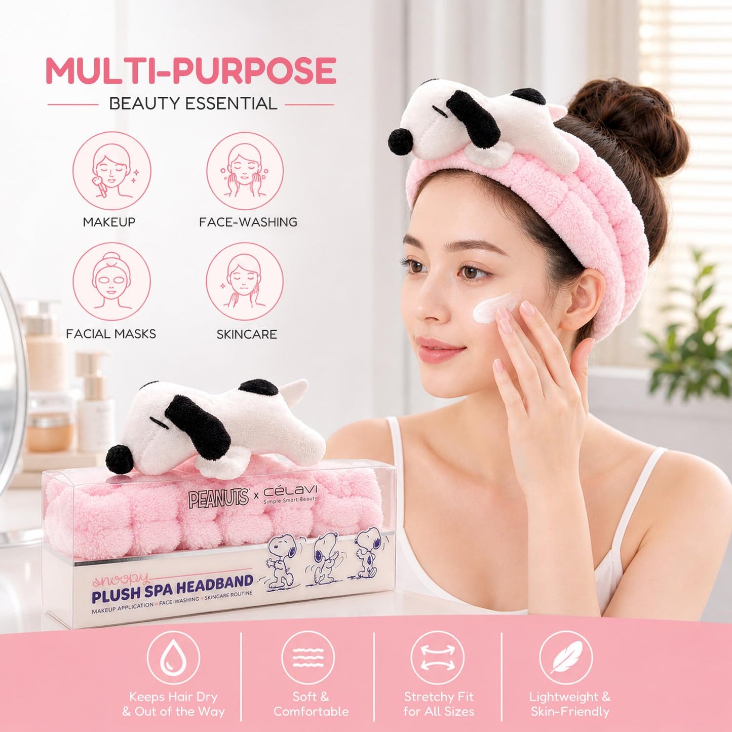 Celavi x Peanuts Snoopy Plush Spa Headband - Soft Pink Makeup Hair Band for Face Washing & Skincare Routine, Cute Facial Accessory for Women & Girls