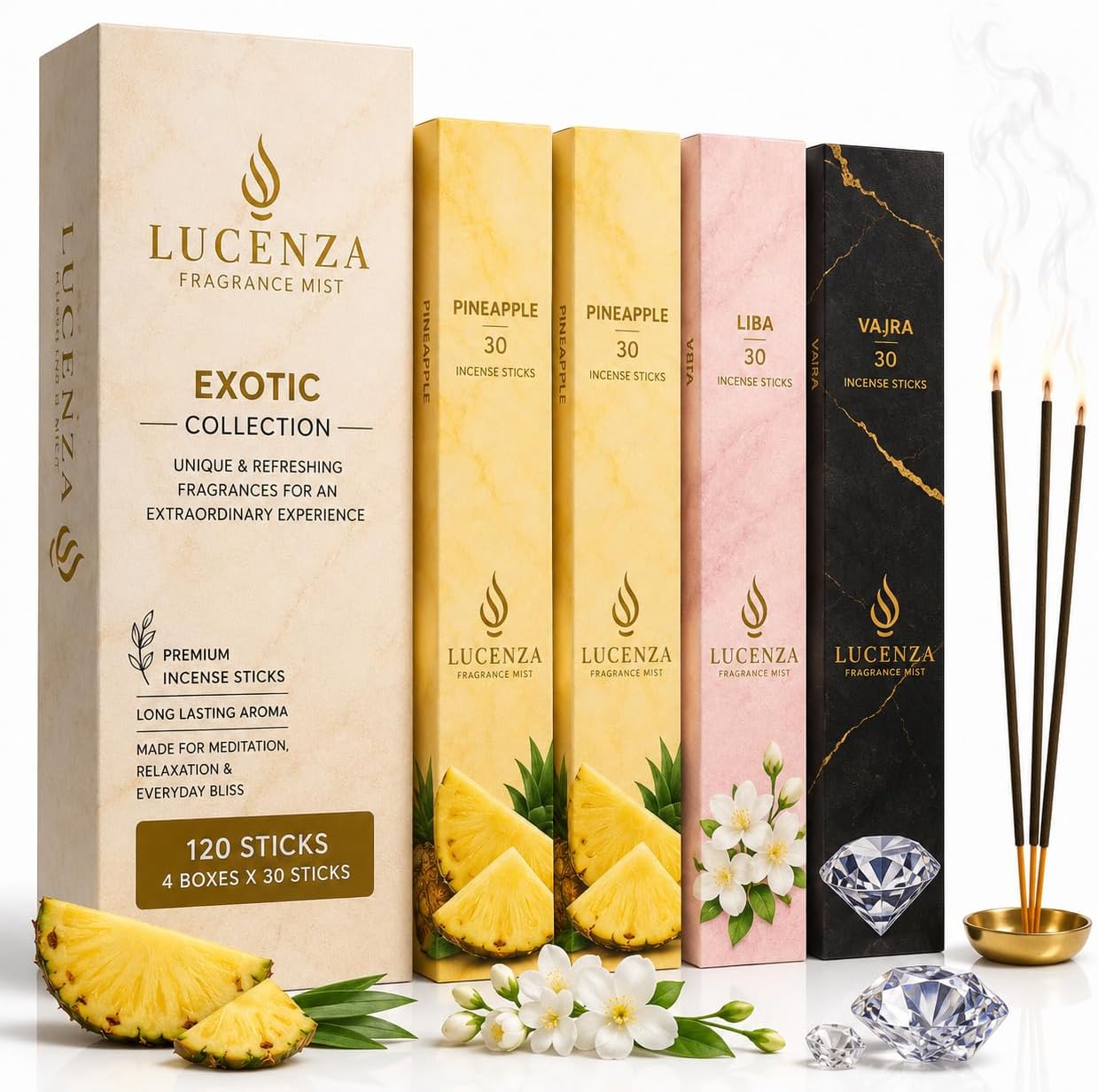 Lucenza Exotic Incense Sticks Variety Pack, Pineapple, Liba & Diamond Fragrances, Premium Agarbatti for Home Fragrance, Relaxation, Meditation & Aromatic Living, 120 Sticks (4 Boxes)