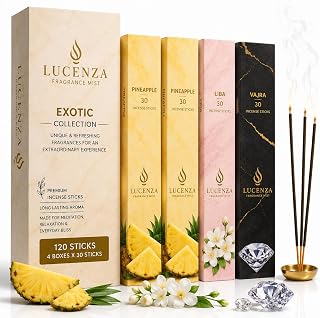 Lucenza Exotic Incense Sticks Variety Pack, Pineapple, Liba & Diamond Fragrances, Premium Agarbatti for Home Fragrance, Relaxation, Meditation & Aromatic Living, 120 Sticks (4 Boxes)