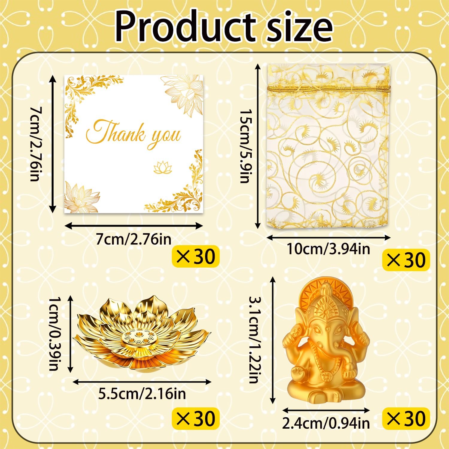 120 Pack Diwali Gifts Bulk with 30 Lotus Incense Holders, 30 Mini Golden Ganesha Ornaments, Organza Bags & Thank You Cards – Indian Return Gifts for Pooja, Festivals & Celebrations (Golden Set) (30)