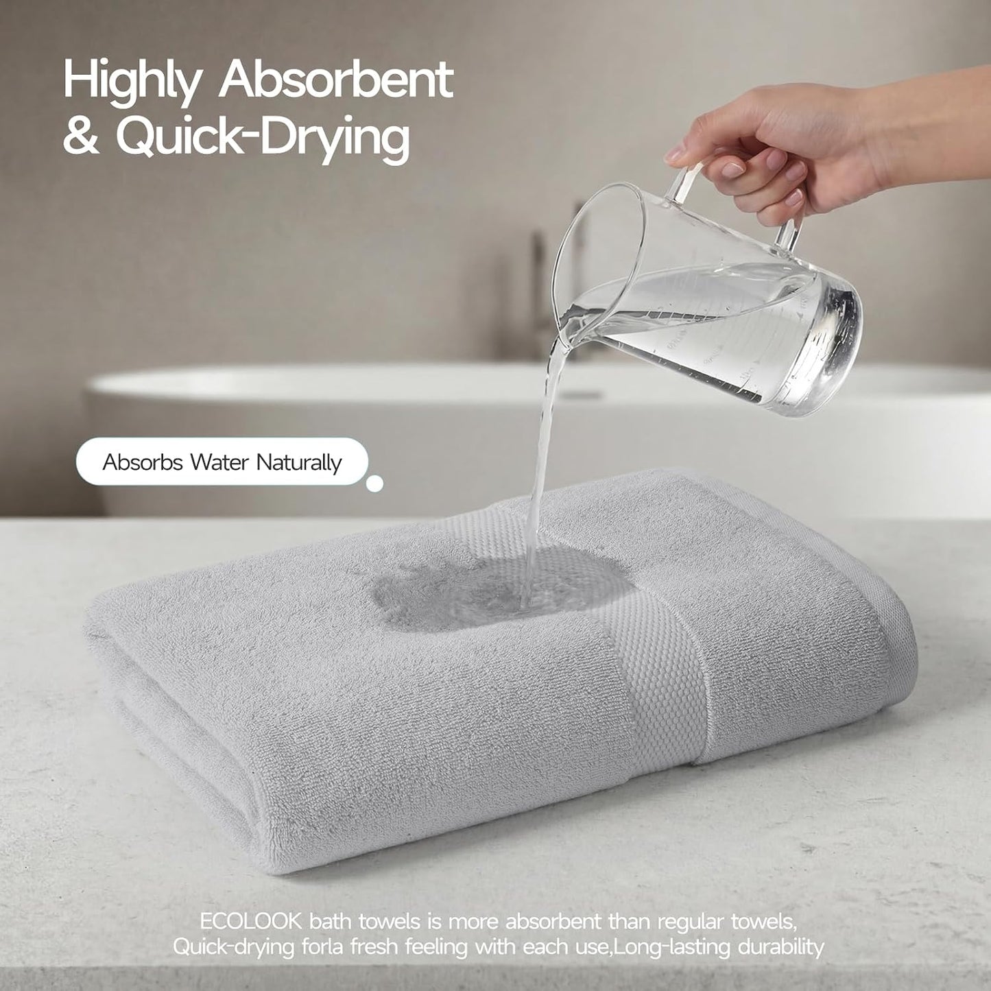ecolook 6-Piece Bath Towel Set, 100% Cotton, Ultra Soft & Quick Dry | 2 Bath Towels 28x55 Inch, 2 Hand Towels, 2 Washcloths, Lightweight Highly Absorbent Towels for Bathroom, Spa, Gym, Light Gray