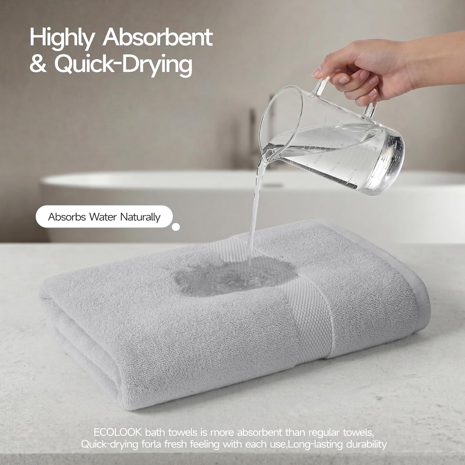 ecolook 6-Piece Bath Towel Set, 100% Cotton, Ultra Soft & Quick Dry | 2 Bath Towels 28x55 Inch, 2 Hand Towels, 2 Washcloths, Lightweight Highly Absorbent Towels for Bathroom, Spa, Gym, Light Gray