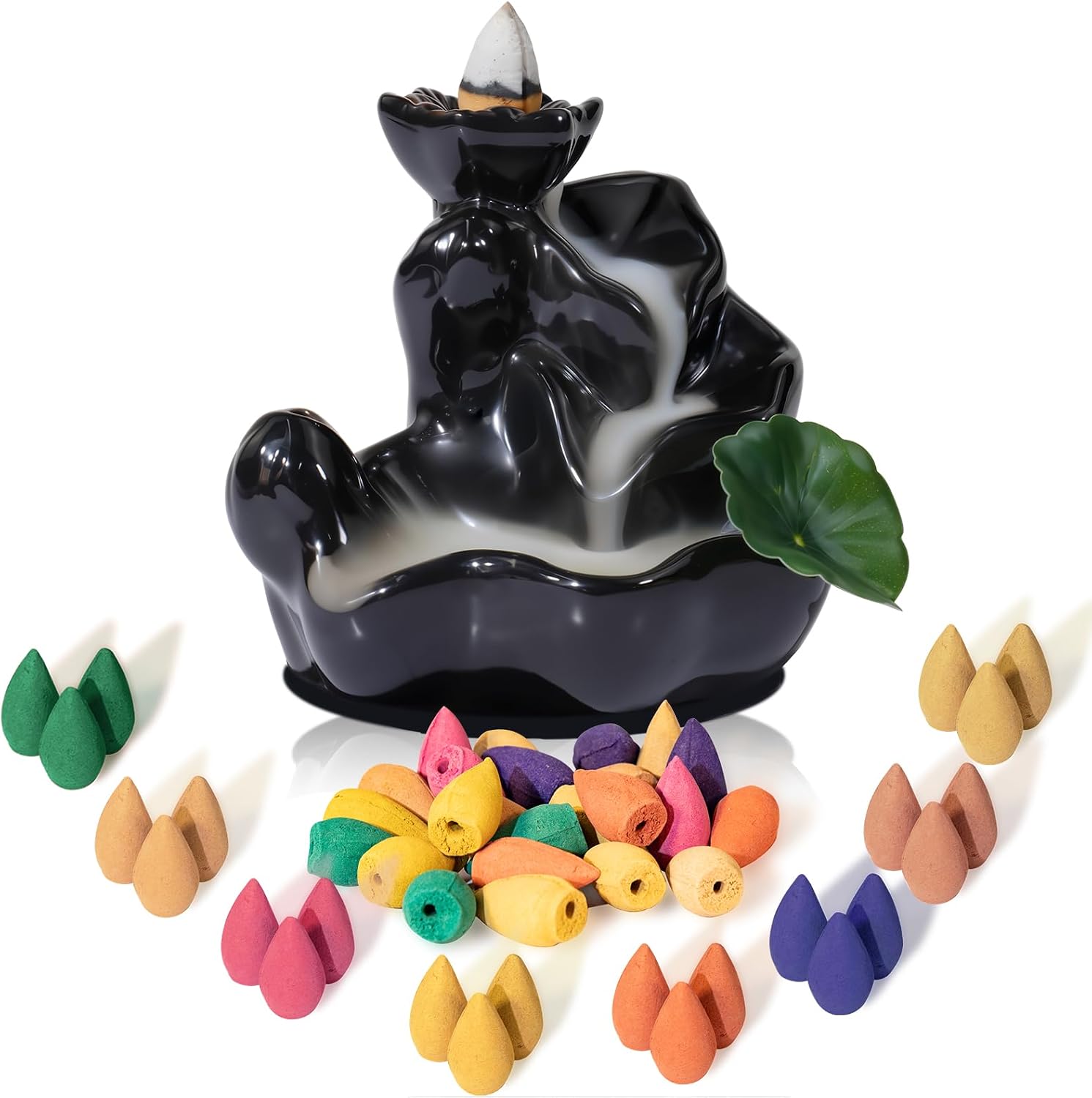 STRN Backflow Incense Cones with Burner for Waterfall, 8 Scented Incense Cone 24 PCS, Sandalwood, Agarwood, Jasmine, Lavender, Backflow Smoke Burning Cone Incense Bulks for Home Fragrance, Bathroom