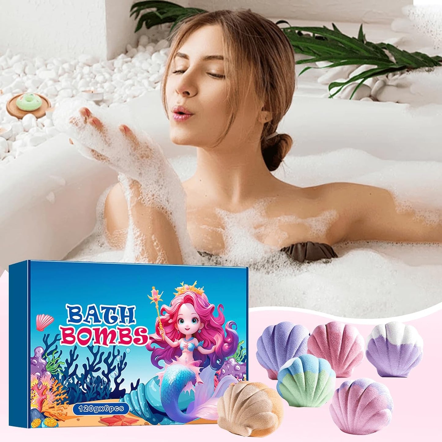 6-Pack Dual-Tone Seashell Bath Bombs for Women - Relaxing Scents Gift Set (Lavender, Rose, Orange Blossom) for Skin-Softening Aromatherapy Bath
