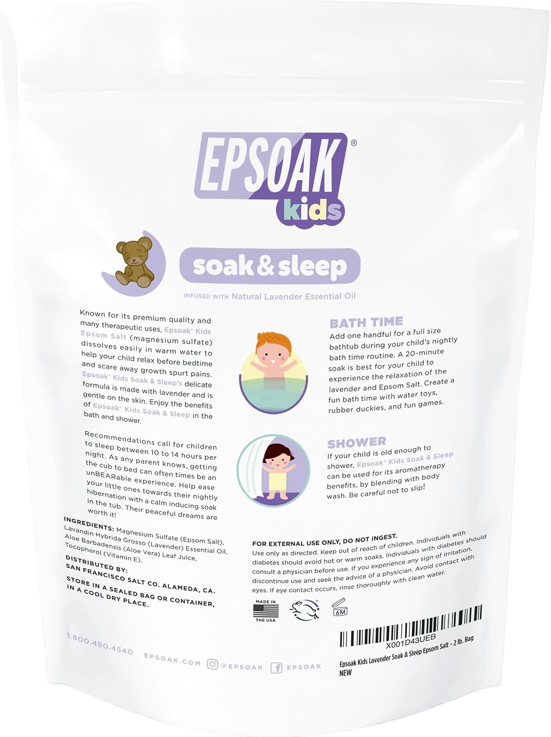 Epsoak Kids Epsom Salt 2 lb. USP Magnesium Sulfate with Lavender Scent Resealable Epsom Salt Bag, Made in The USA, Cruelty-Free Certified