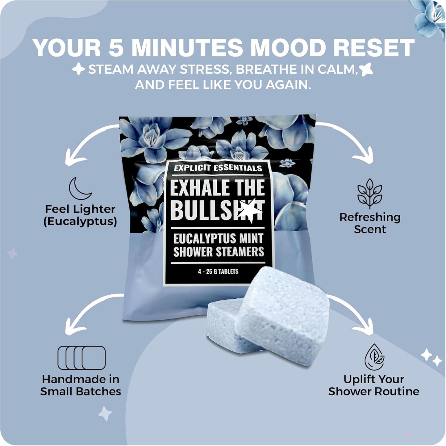 Explicit Essentials Exhale The BS Eucalyptus Mint Shower Steamers | Aromatherapy Eucalyptus and Mint Shower Steamers | Spa Shower Gift for Stress Relief, Relaxation & Self-Care