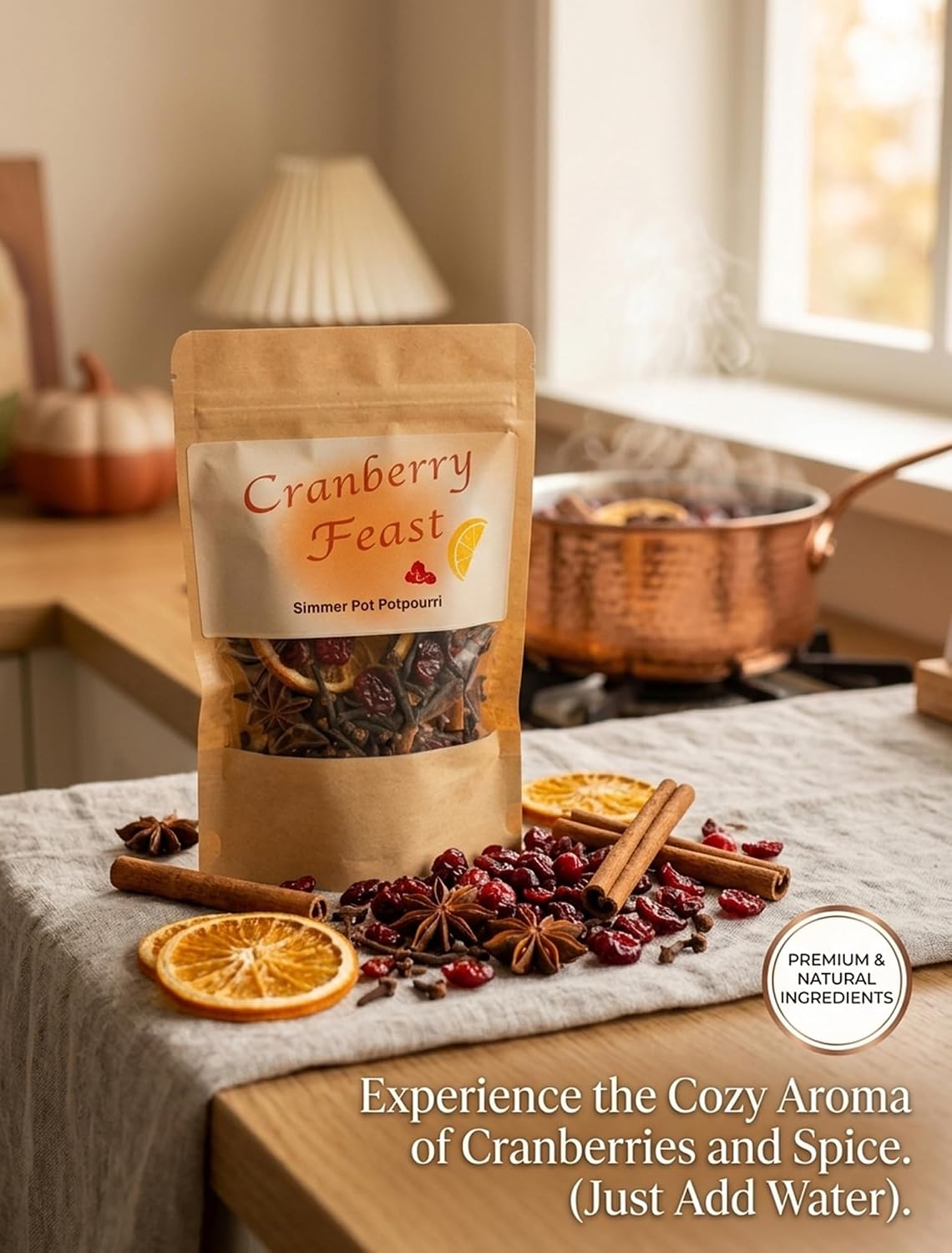 Cranberry Feast Stovetop Potpourri Kit - Natural Home Fragrance Simmer Pot with Dried Orange Slices, Whole Cranberries, Cinnamon Sticks, Cloves & Cedar Wood - Cozy Autumn & Holiday Scent