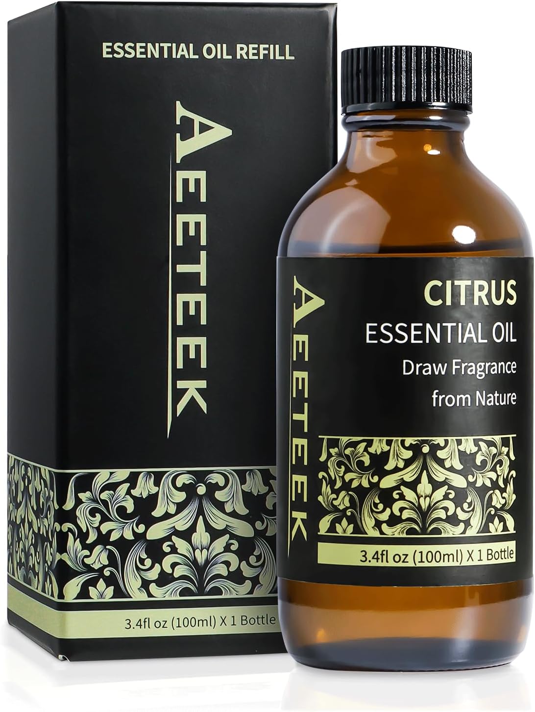 100ml Citrus Essential Oil Refill for Waterless Diffuser & Reed Diffuser Set, 3.4Fl Oz Long-Lasting Fruity Aroma Home Fragrance, Bathroom Air Freshener