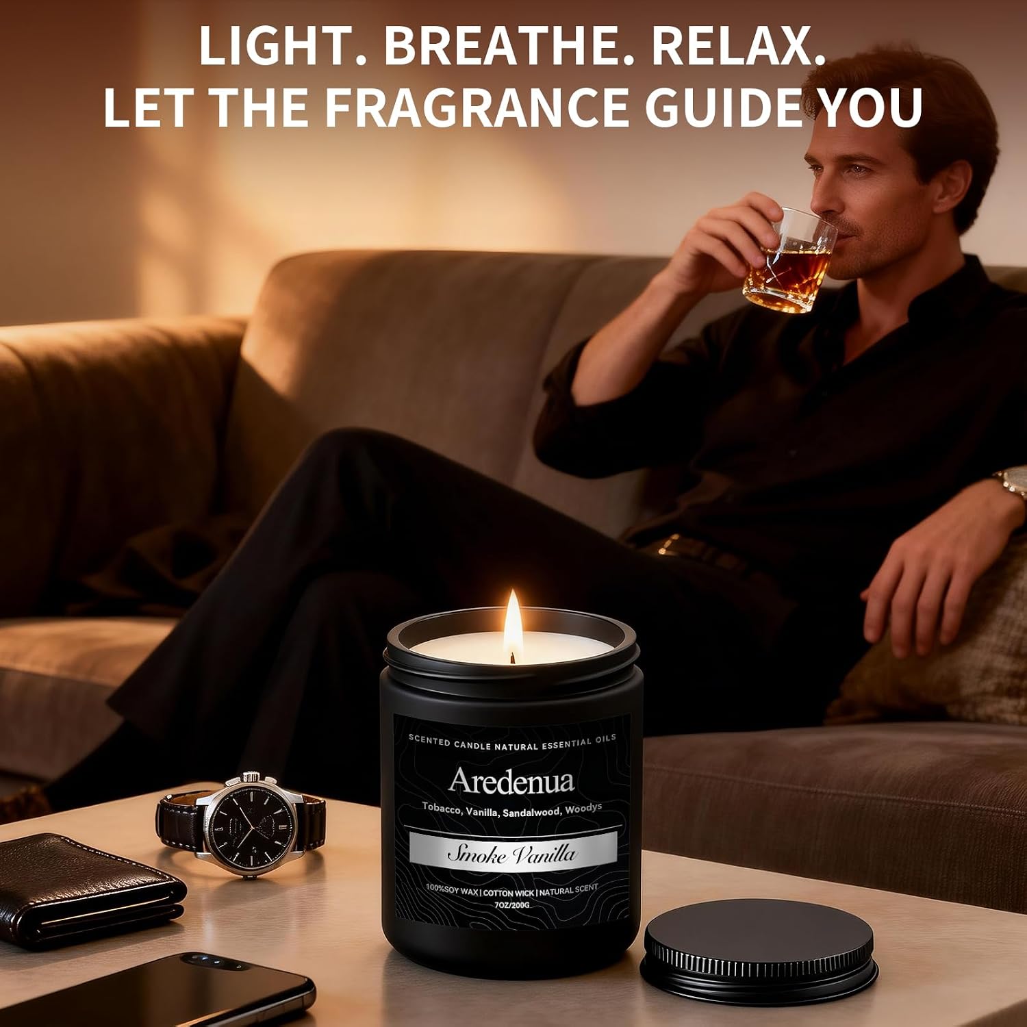 Smoke & Vanilla Candle | Manly Candles for Home Scented, Masculine Soy Candles for Men - 7oz Long Lasting Scented Candle for Home, Aromatherapy Gift for Men & Women