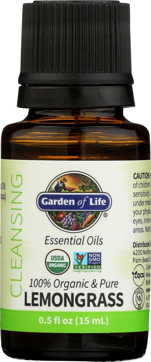Garden of Life Essential Oil, Lemongrass 0.5 fl oz (15 mL), 100% USDA Organic & Pure, Clean, Undiluted & Non-GMO - for Diffuser, Aromatherapy, Meditation - Cleansing, Relaxing, Calming, Cleaning