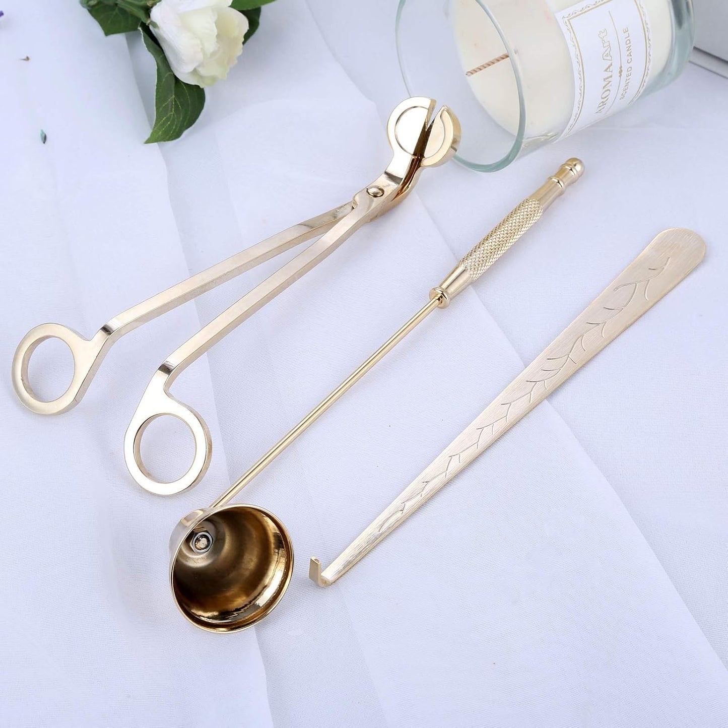 MUXSAM 3 in 1 Candle Tools Candle Accessory Set - Candle Snuffer, Candle Wick Trimmer, Candle Wick Dipper - Candle Cutter Candle Maintenance Kit Gift for Candle Lover(Gold)