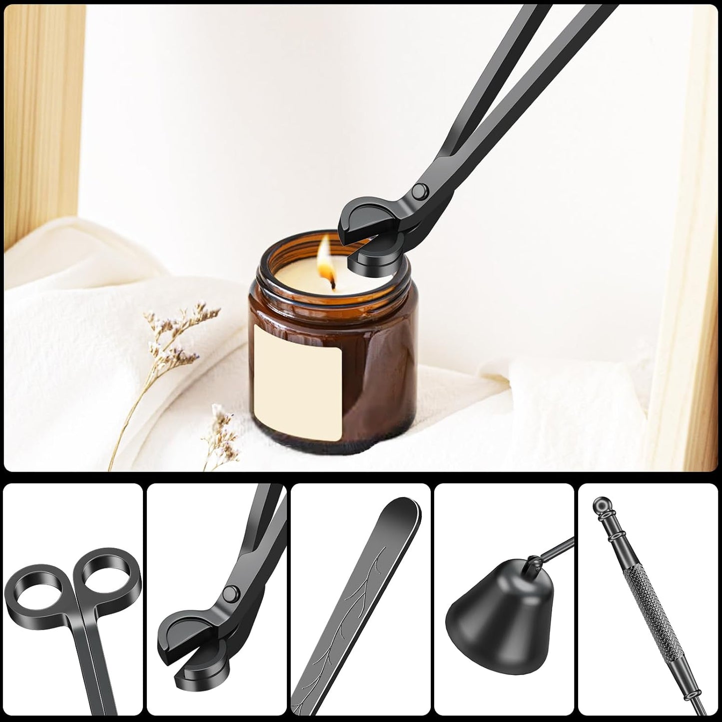 calary Candle Wick Trimmer, Candle Snuffer and Wick Dipper & Candle Accessory Set, 3 in 1 Candle Care Kit for Candle Lover (Black)