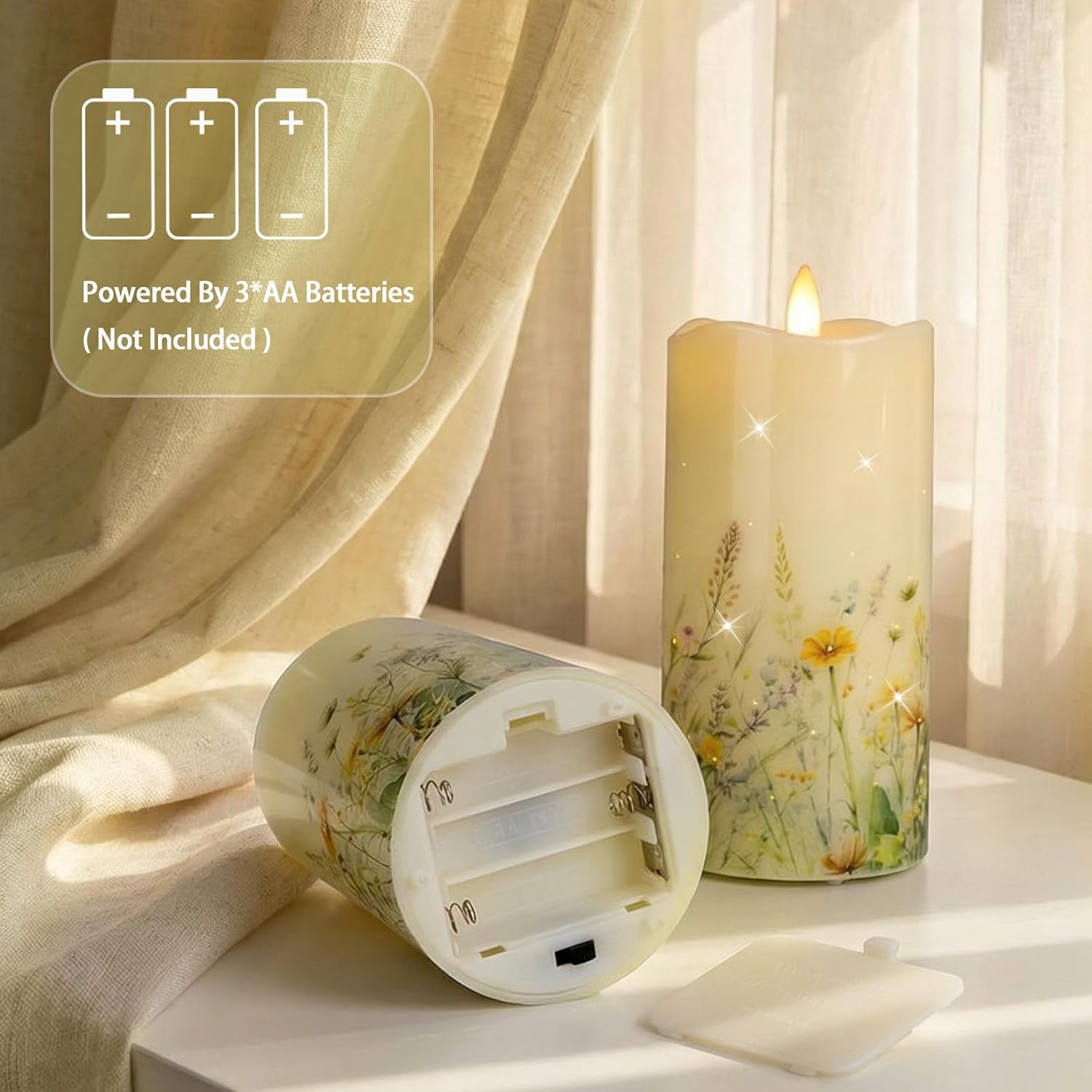 Flameless Candles, Battery Operated Floral Candles with Remote, Fiber Optic Flameless Pillar Candles Set of 3 for Spring Decorations Indoor