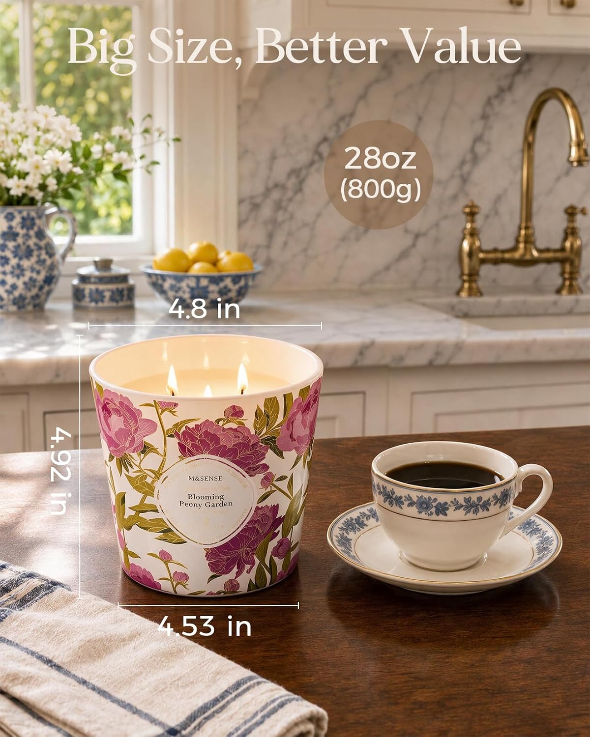 M&amp;SENSE Peony Garden Scented Candle, Large 28.2oz Natural Soy Wax