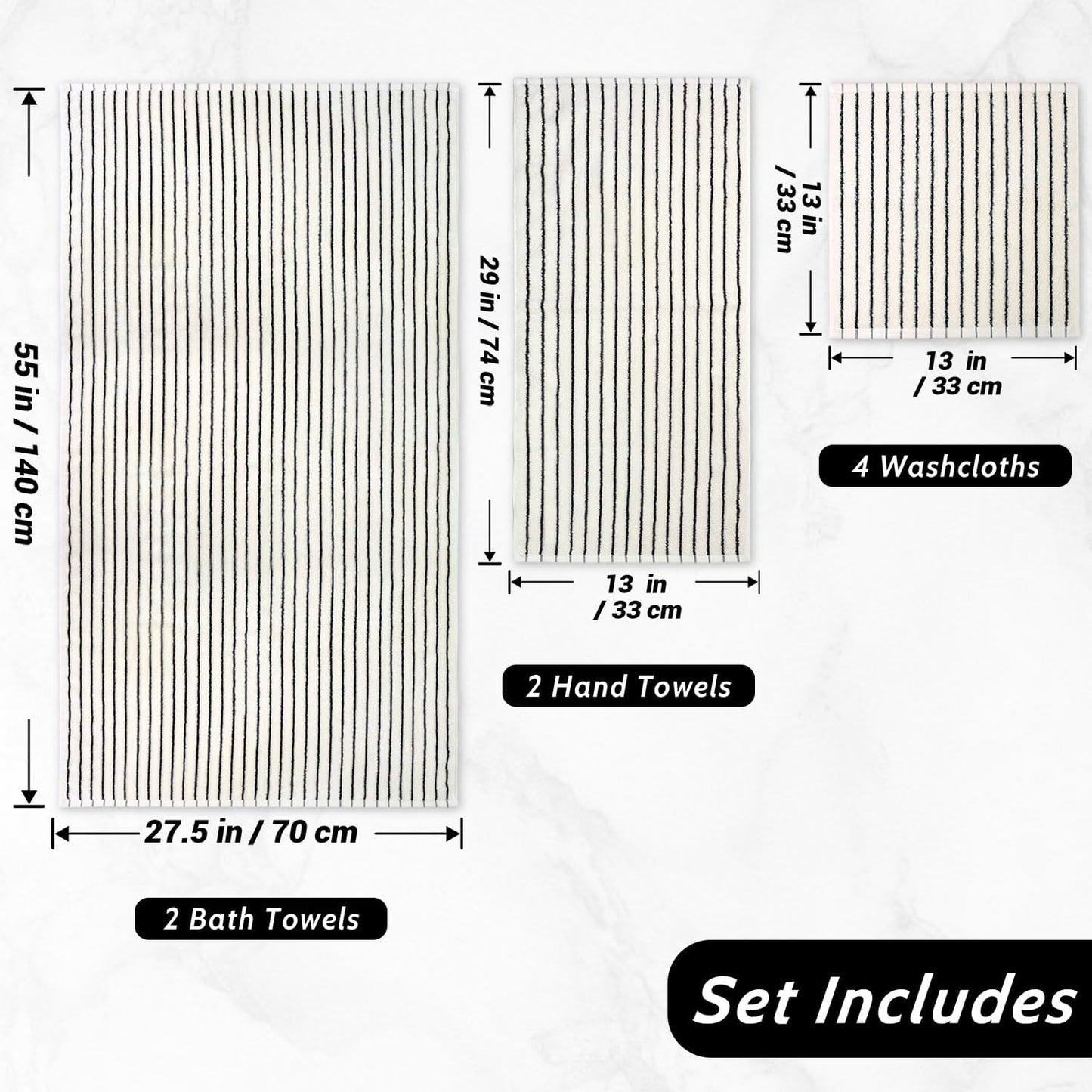 Jacquotha 8 Piece Black and Ivory Towel Set, Super Soft & Absorbent Cotton Striped Towels for Bathroom Decor, 2 Bath, 2 Hand, 4 Washcloths
