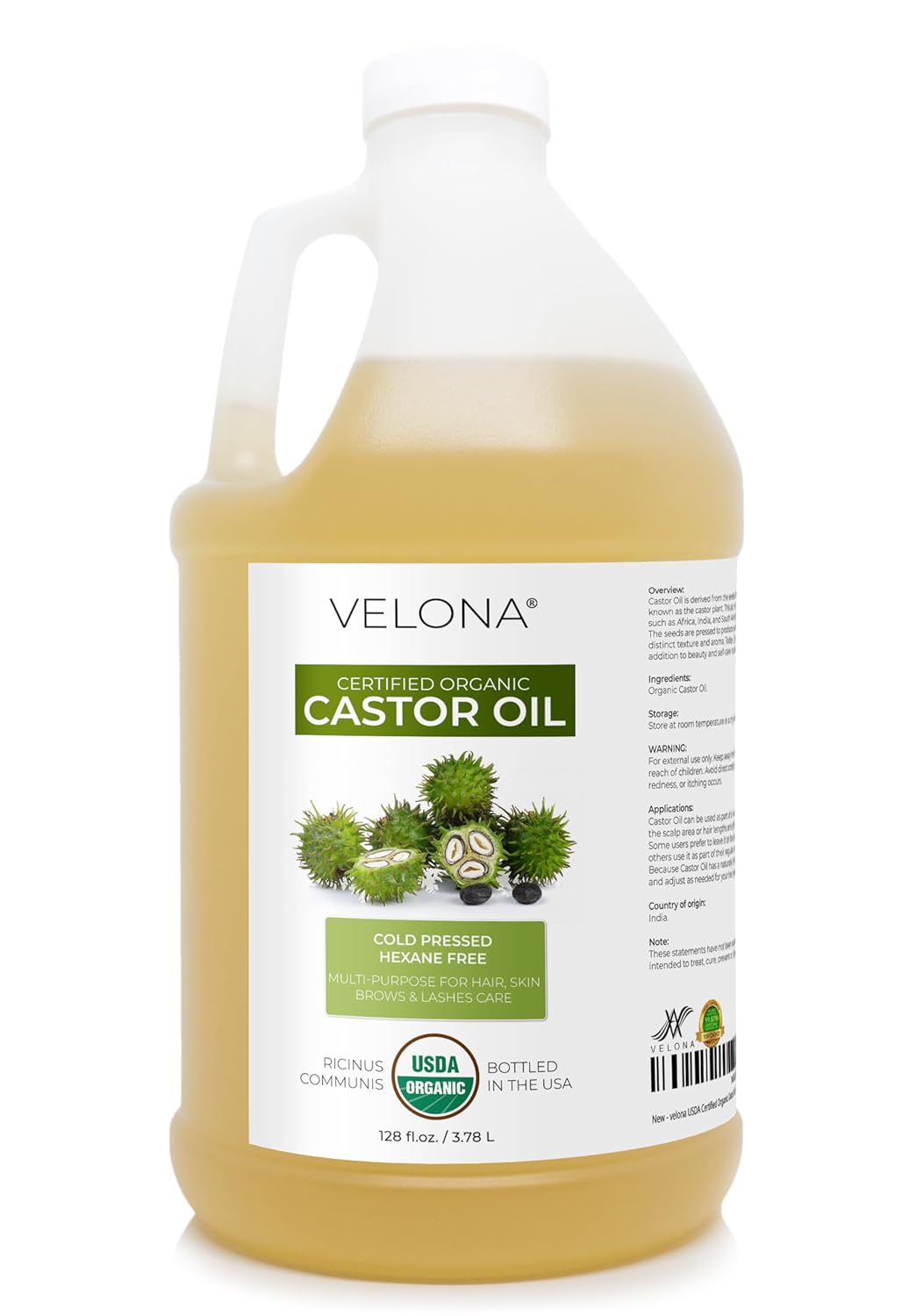 velona USDA Certified Organic Castor Oil - 1 Gallon / 128 Fl Oz | For Hair, Boost Eyelashes, Eyebrows | Cold pressed, Natural Oil, USP Grade | Hexane Free