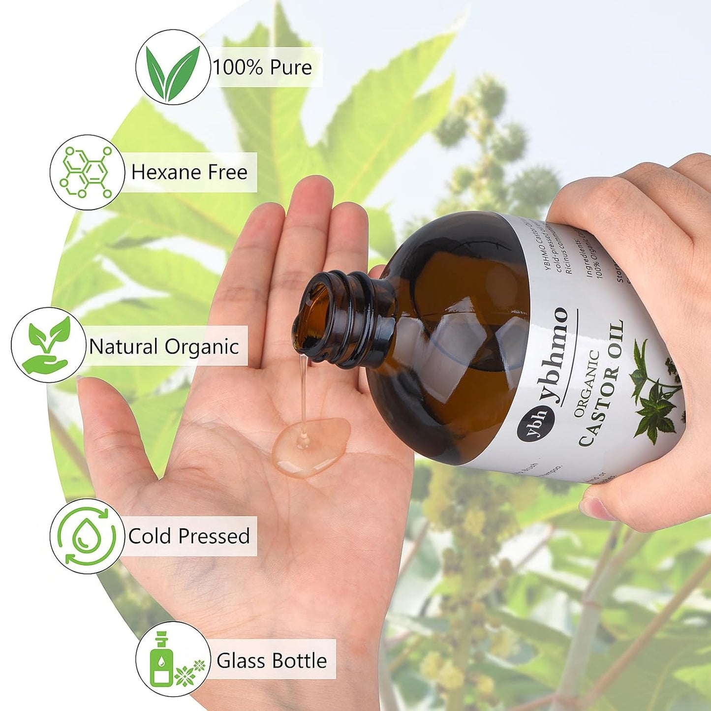 YBHMO Cold Pressed Castor Oil Organic Glass Bottle(16 Fl Oz),100% Pure ，Hexane Free for Hair Growth & Care, Castor oil pack & Moisturize Body Skin