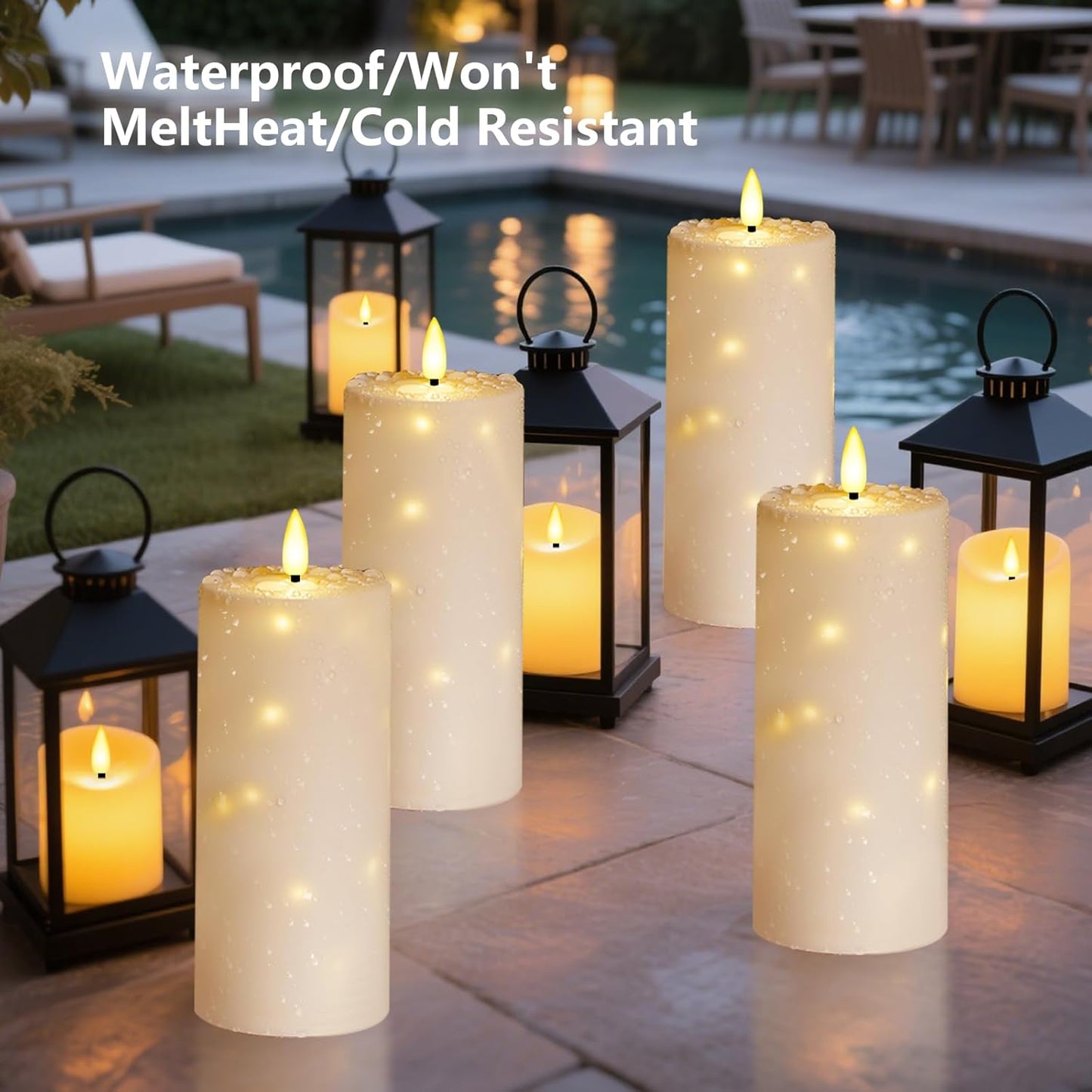 Sasigeiaa Waterproof Outdoor Candles with Timer & Remote - Battery Operated LED Candles, Realistic Flameless Plastic Pillar, Pack of 2 (4" D x 10" H, Ivory) for Patio, Garden Camping Rainy Weather