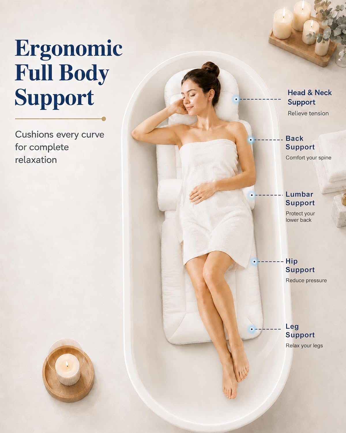 Full Body Bath Pillow for Bathtub, Extra Thick Luxury Bath Cushion with Adjustable Lumbar Support, 240 Suction Cups, Quick Dry 5D Mesh Tub Pillow for Home Spa Relaxation 52" x 17"
