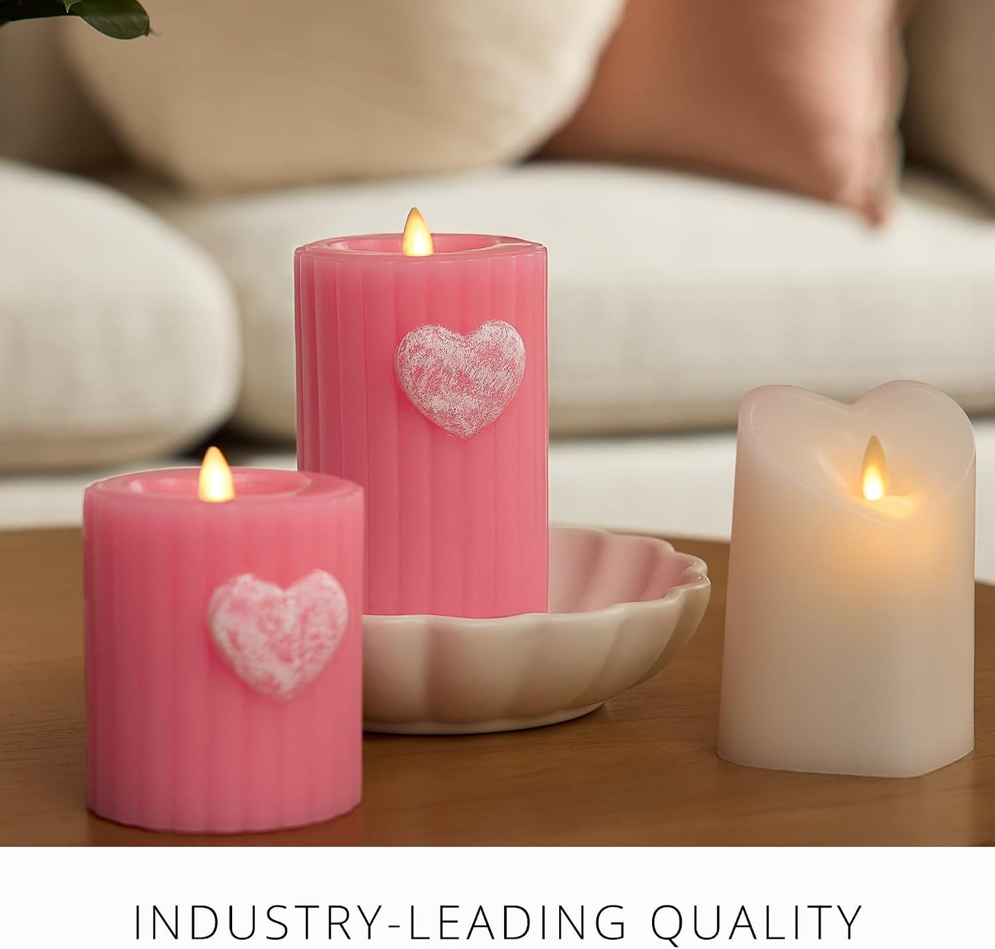 Luminara Flickering Flameless 3.7" x 4.5" Pillar Candle, Battery Operated Remote Ready (Sold Separately) & Timer Function, LED Light, Ribbed Real Pink Wax w/Embossed Heart Design for Valentine's Day