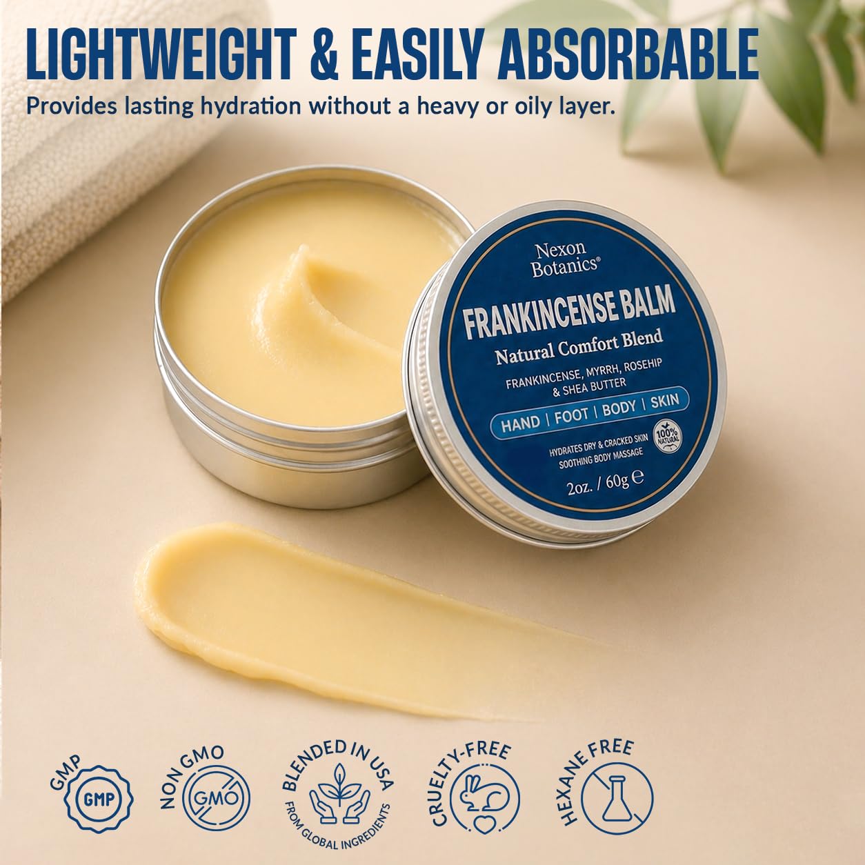 Frankincense Balm 2 fl oz - Soothing Muscle Comfort and Deep Hydration for Dry Skin with Myrrh, Calendula, Bisabolol, Rosehip & Vitamin E - Nexon Botanics