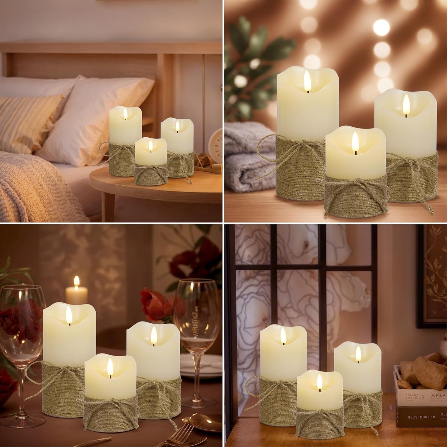 Flameless Candles with Remote Timer-3D Flickering Hemp Rope LED Candles Set of 3(4”/5”/6”, Battery Powered for Home/Wedding/Party/Table Decorations