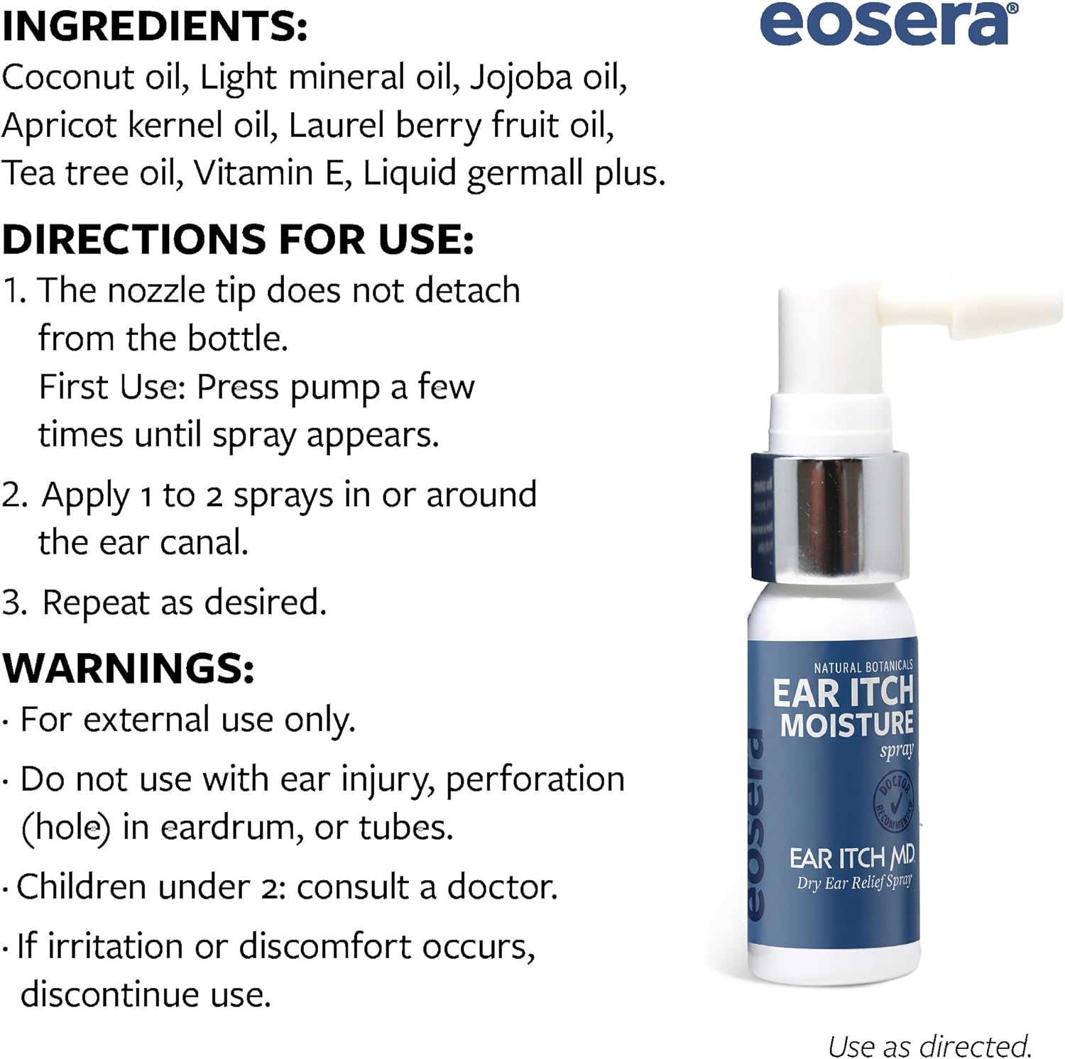 eosera Ear Itch MD Dry Ear Relief Oil Spray - 17 mL - Soothes Dry, Itchy Ears - Anti-Itch Spray for Allergies, Psoriasis, Dermatitis, and Eczema Relief - Works for Earbud and Hearing Aid Users