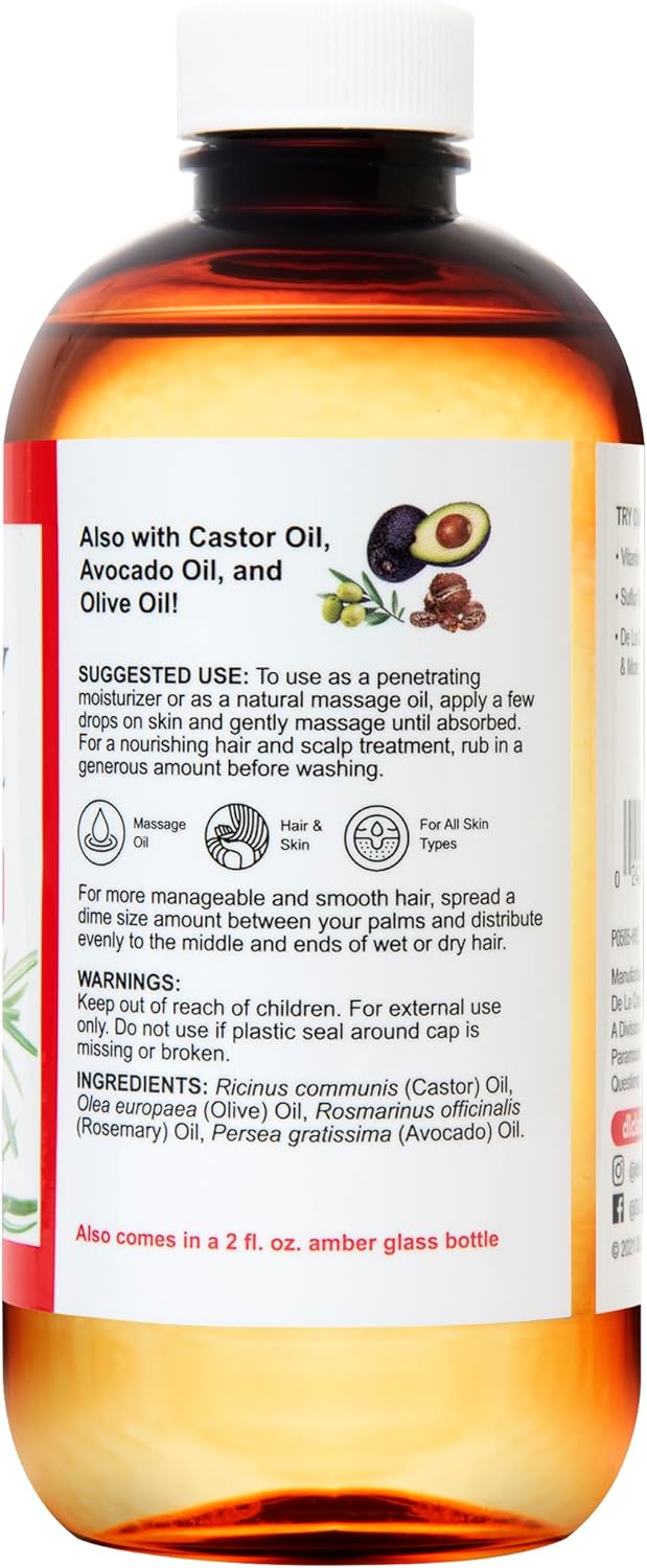 De La Cruz Rosemary Oil Blend Moisturizer with Castor, Avocado and Olive Oil - Topical Use Only 8 FL. OZ. (236 mL)