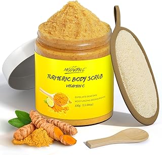 POP MODERN.C Turmeric and Vitamin C Body Scrub Remove Dead Skin Improve Dark Spots Acne Natural Organic Exfoliating Deep Cleansing Exfoliator for Body Butt Bikini Area Body Care with Loofah