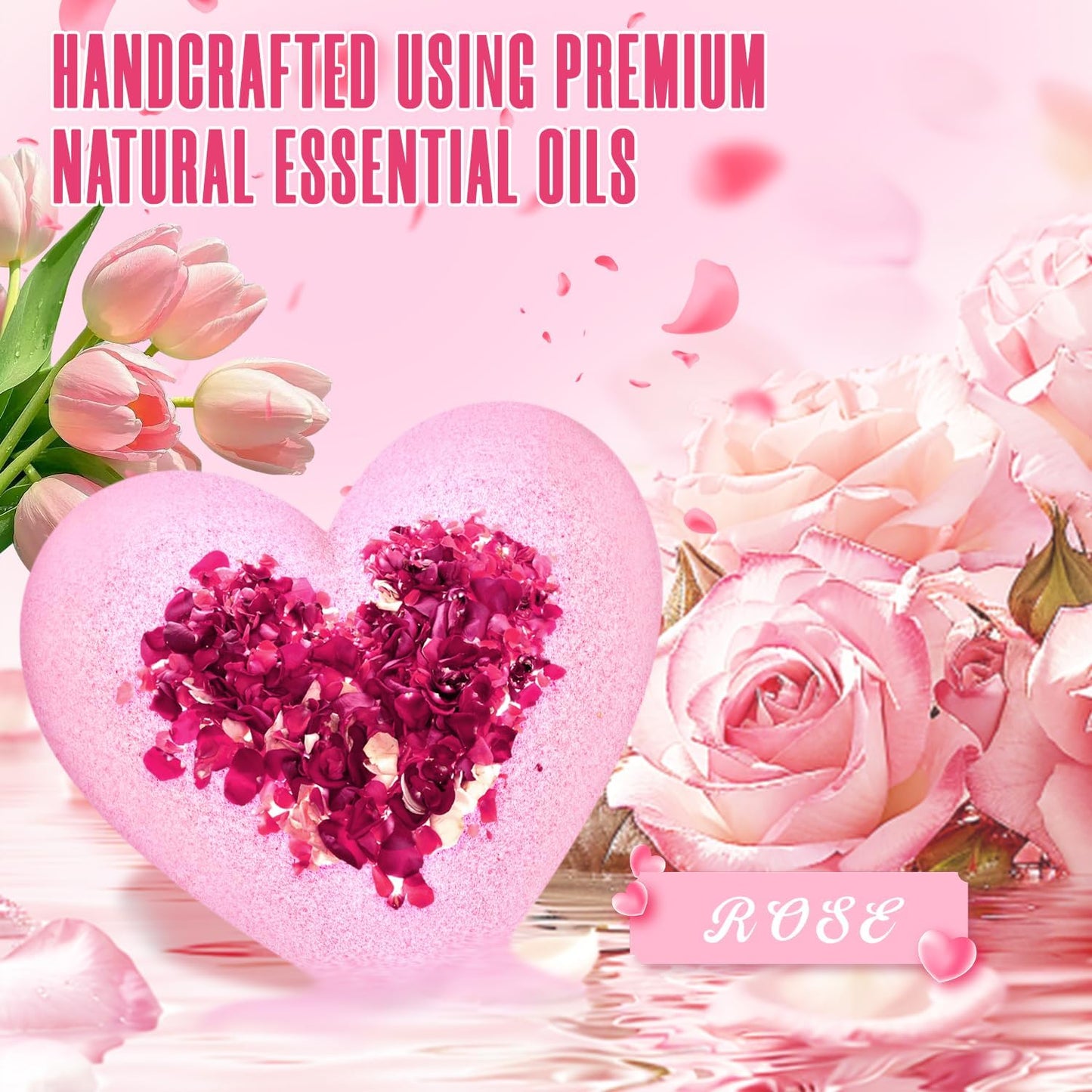 Rose Bath Bombs for Women, XXL Gifts for Mom, Organic Heart Shaped Handmade Rose Essential Oil, Pink Teacher Appreciation Gifts for Wife Daughter Girlfriend Coworkers