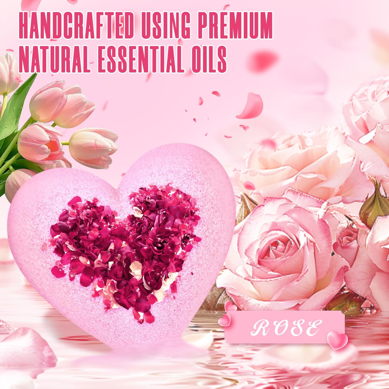 Rose Bath Bombs for Women, XXL Gifts for Mom, Organic Heart Shaped Handmade Rose Essential Oil, Pink Teacher Appreciation Gifts for Wife Daughter Girlfriend Coworkers
