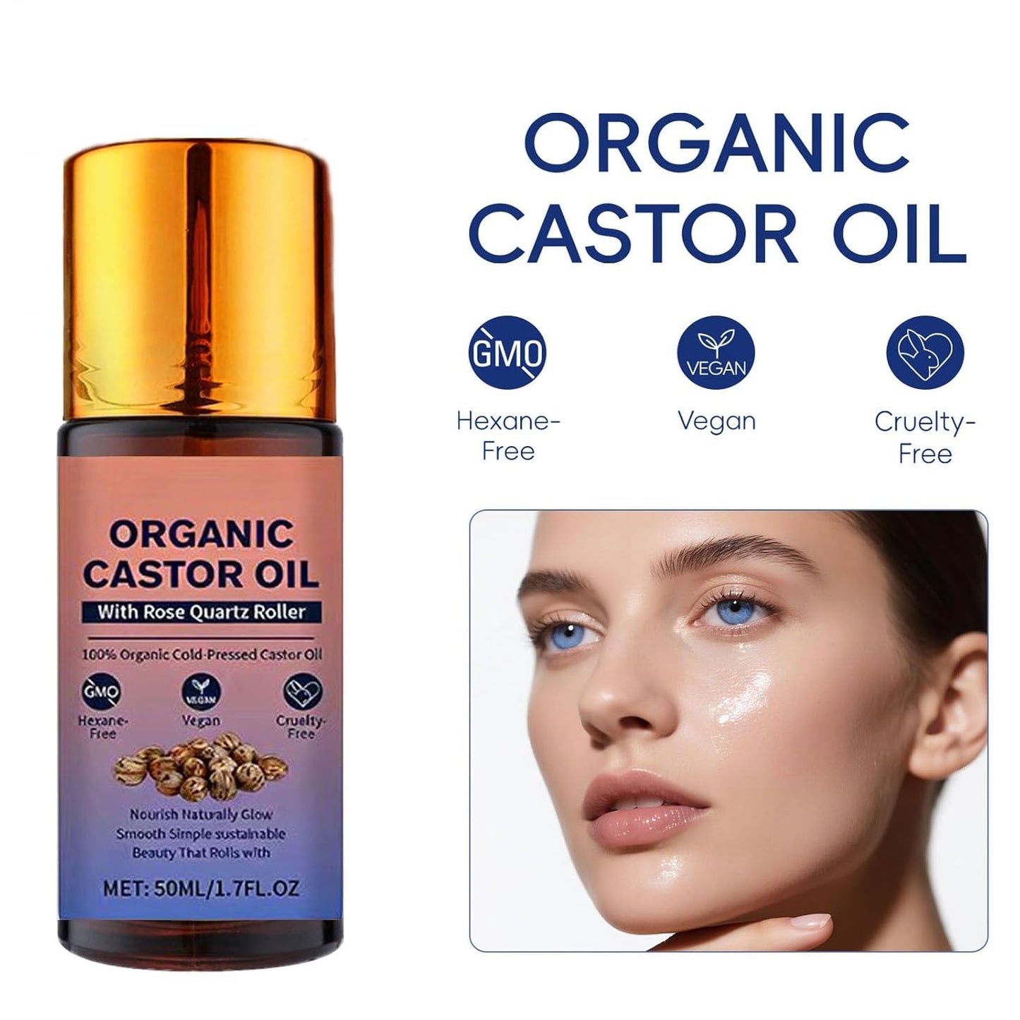 Organic Castor Oil Roll On with Rose Quartz Roller, 100% Castor Oil Organic Cold Pressed, Hexane-Free, for Face and Body, Hair, Eyebrows, Moisturize Skin -1pcs