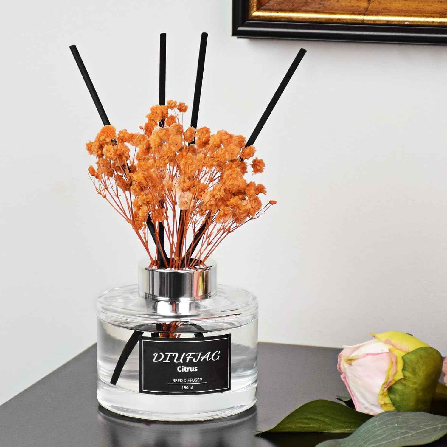 Citrus Reed Diffuser Set, 5.07 fl oz Scented Oil Diffuser with 8 Sticks & Dried Flowers, Home Fragrance for Living Room Bedroom Bathroom, Air Freshener Decor Gift