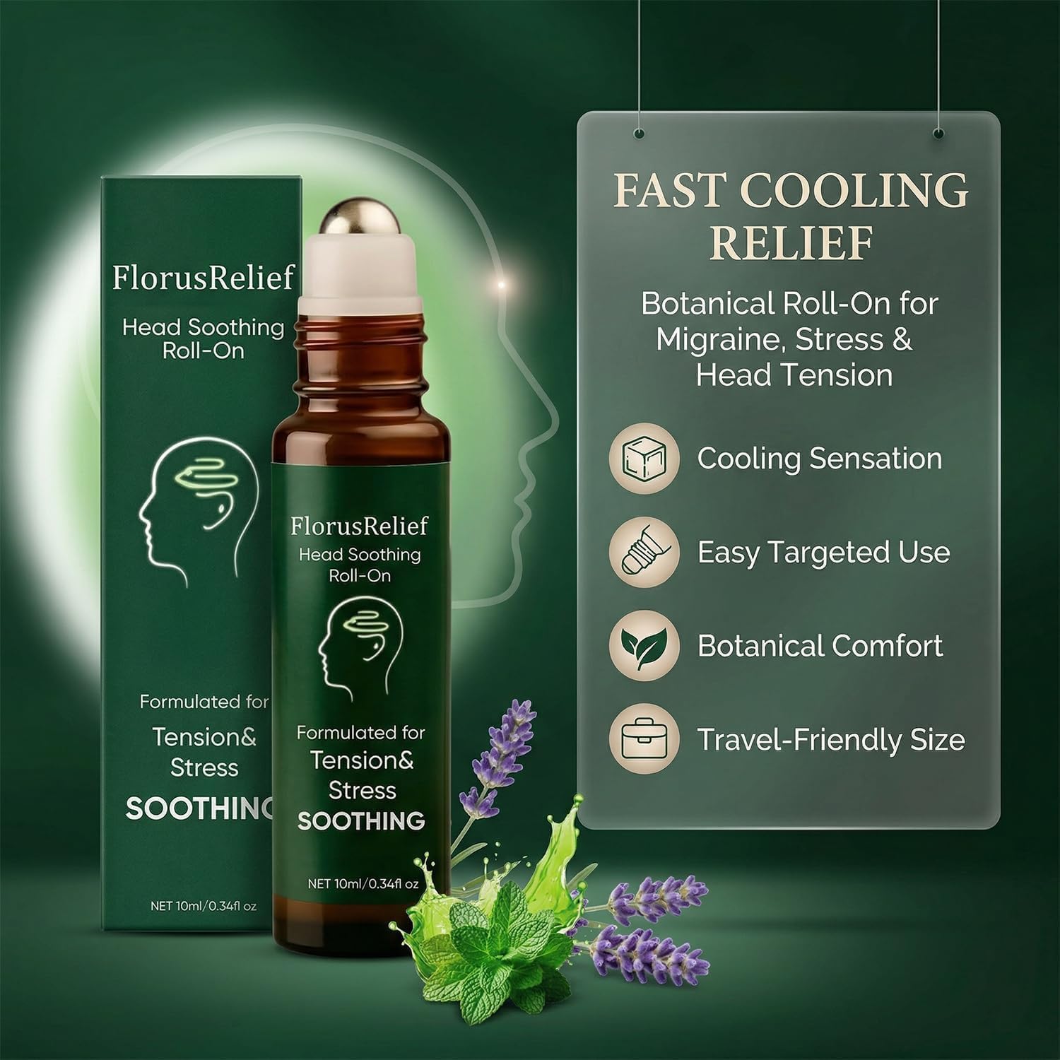 Florus Relief Roll on, Migraine Roll on with Magnesium Glycinate, Lavender, Peppermint, Chamomile for Headache Support