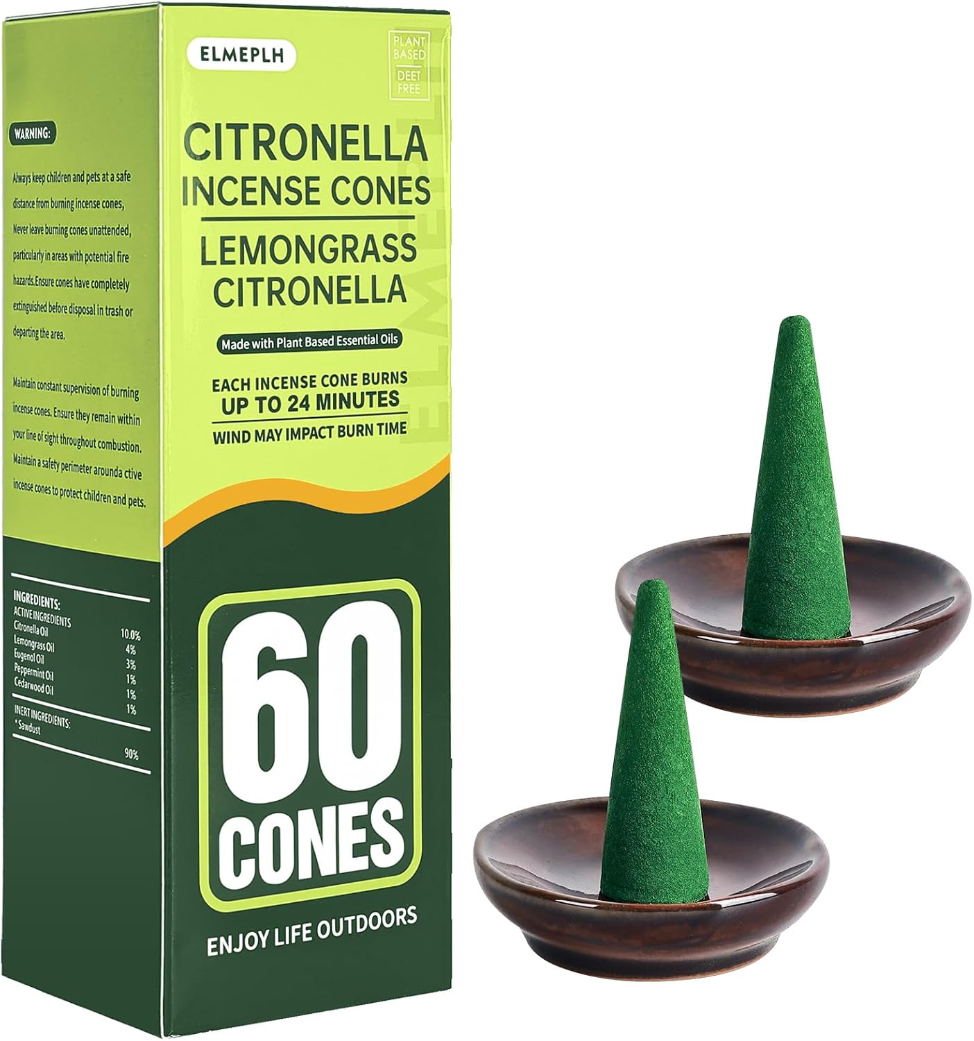 60 PCS Citronella Incense Cones Outdoor - Natural Citronella Incense Cone for Camping, Patio, Hiking,etc(Includes 2 Ceramic Dishes)
