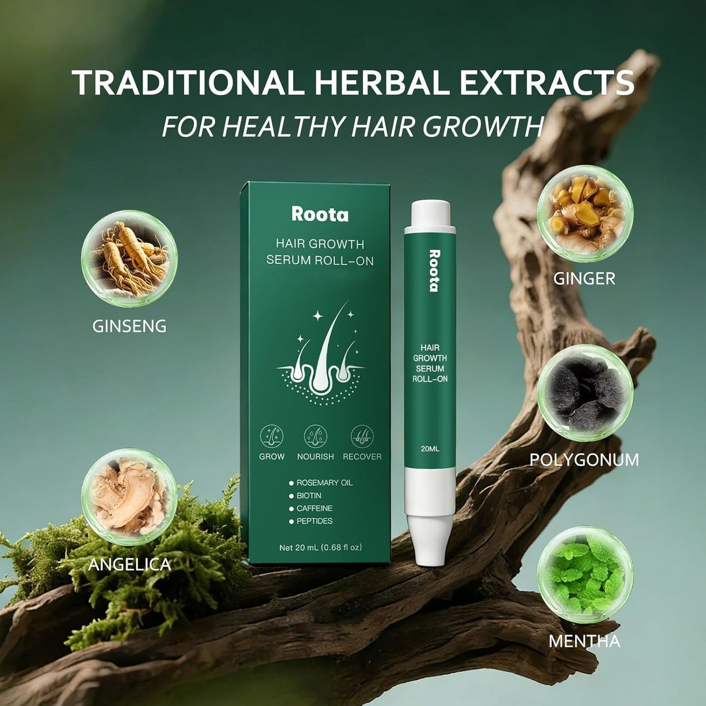 Roota Hair Growth Serum Roll-On, Hair Revival Serum Nourishes Scalp for Thicker, Healthy Hair for Men & Women 20ml/0.68 fl oz
