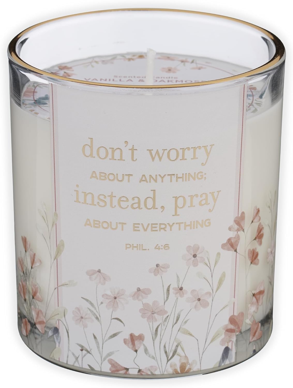 Christian Art Gifts Vanilla & Oakmoss Scented Candle: Don't Worry, Pray Bible Verse, Soy Wax, Pure Essential Oils, Floral Design Glass Jar, Encouragement Gift for Women, 40 Hours Burn Time