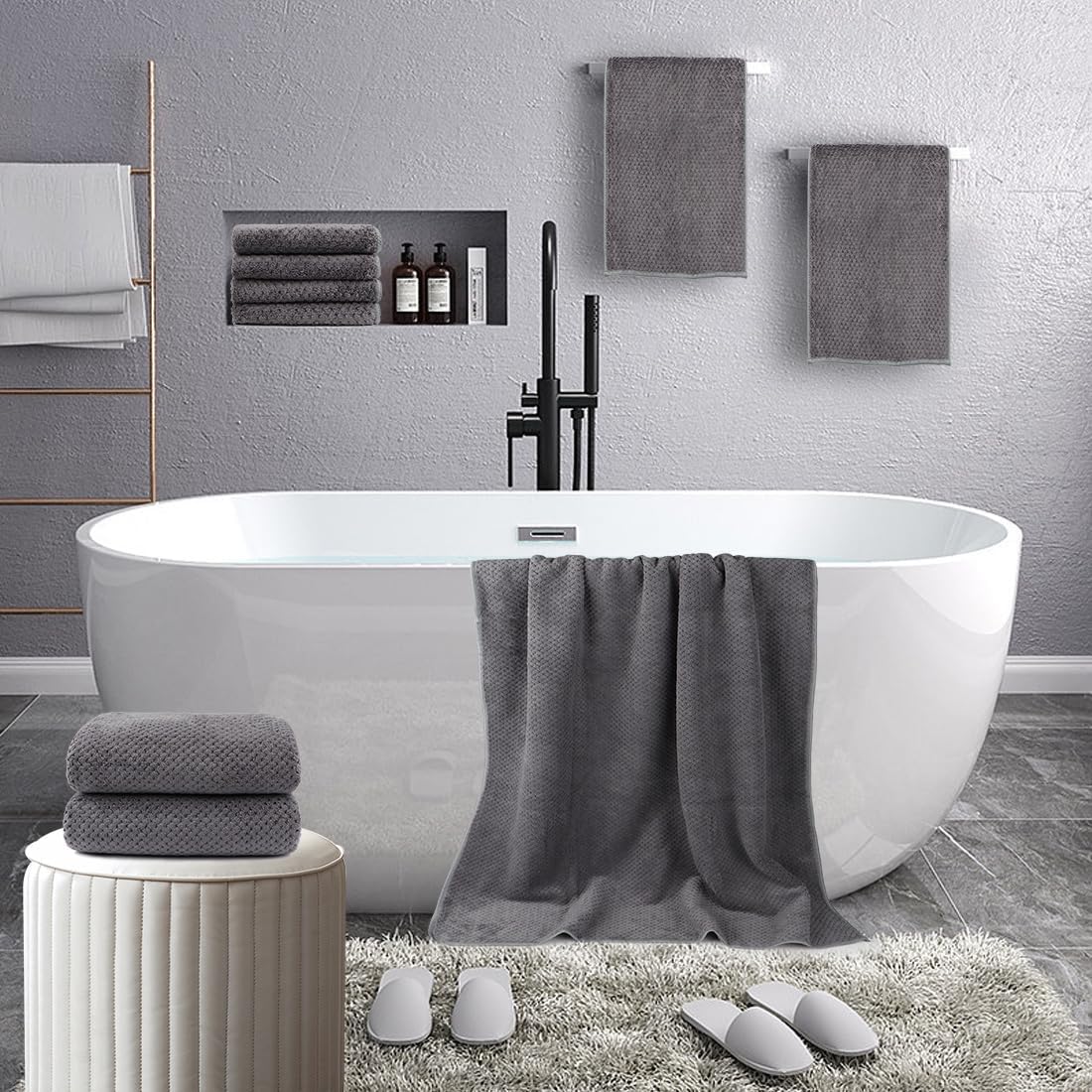 HOMEXCEL 8 Piece Bath Towel Set, Microfiber Bathroom Towel - 2 Bath Towels, 2 Hand Towels, and 4 Wash Cloths, Super Soft, Highly Absorbent Towels for Bathroom, Gym, Hotel, and Spa (Grey)