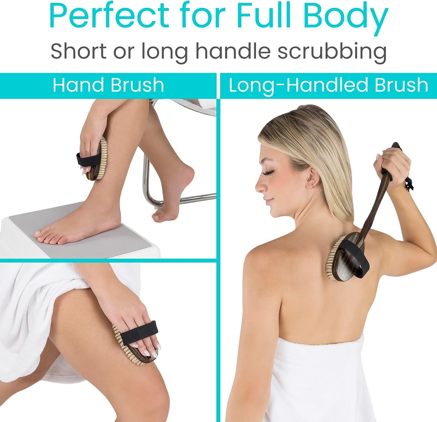 Vive Dry Brush Set for Lymphatic Drainage (3 Pack) - Brushing Scrubber for Exfoliating, Body Cellulite and Skin Massage - 100% Natural Boar Hair Bristles, 19” Long Dark Wooden Handle w/Storage Bag