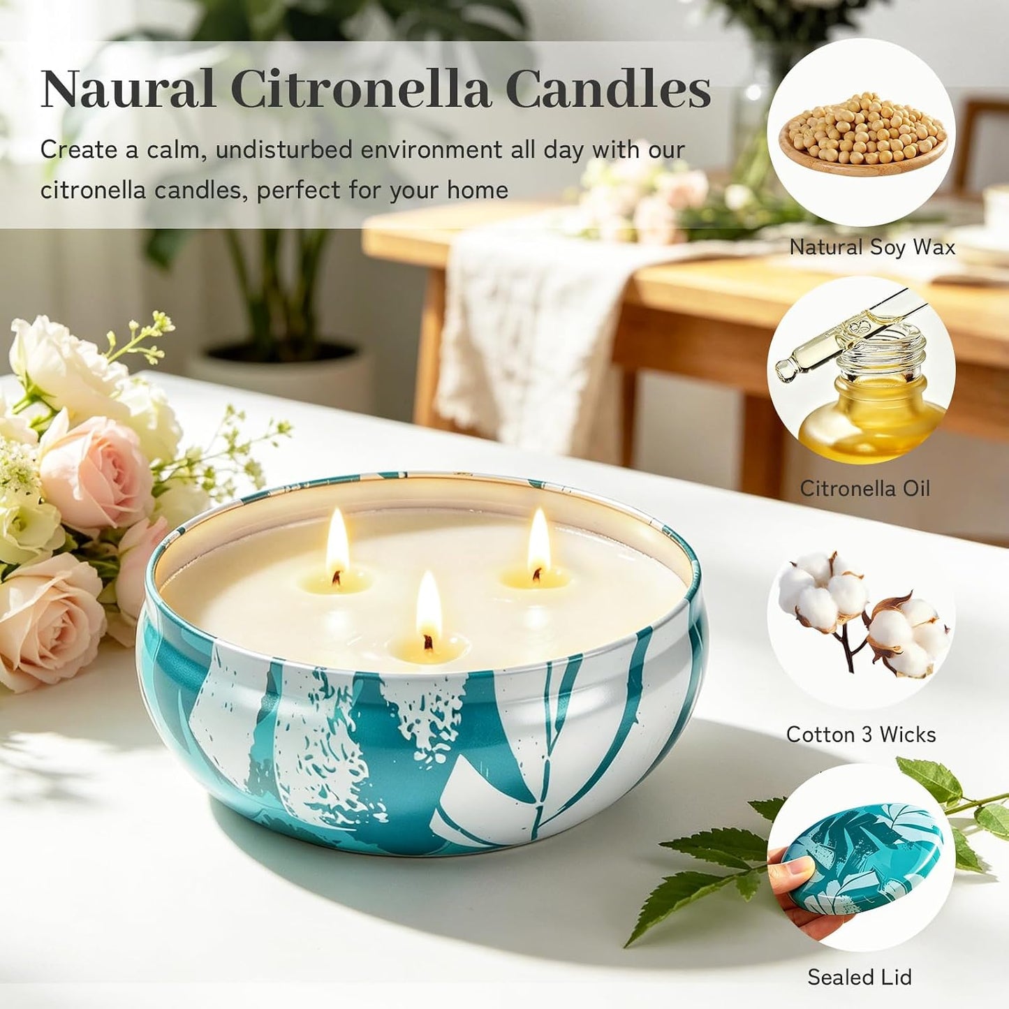 Citronella Candles Outdoor, Large Citronella Candles with Lids 36 OZ 3 Wicks Natural Soy Wax 240 Hours Long Lasting Burning Summer Candle for Patio Garden Yard Balcony Camping Party Indoor, 3 Packs