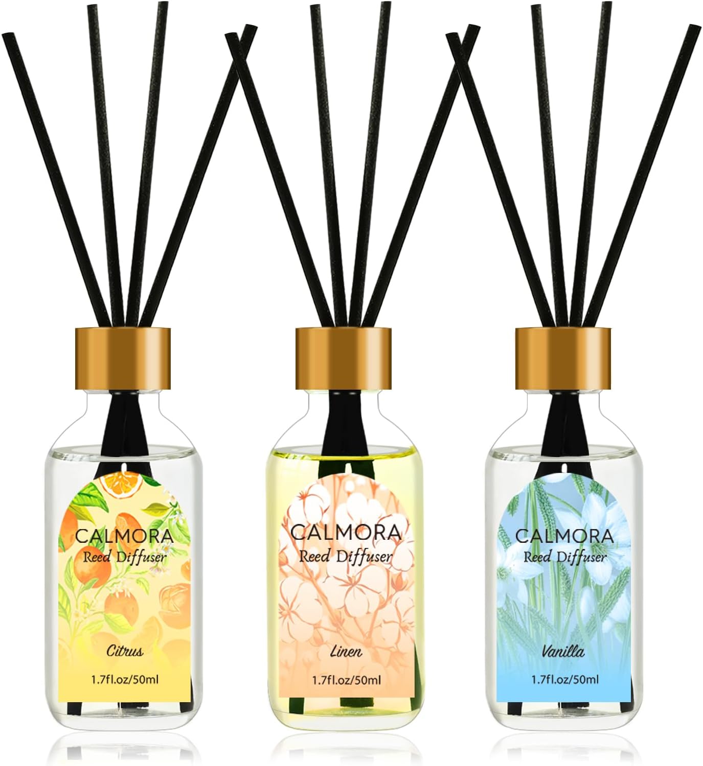 CALMORA Reed Diffuser Set of 3, 50ml Citrus/Linen/Vanilla Scented Oil Diffuser with 15 Sticks | Home Fragrance for Bedroom, Bathroom, Office & Living Room for Women Men