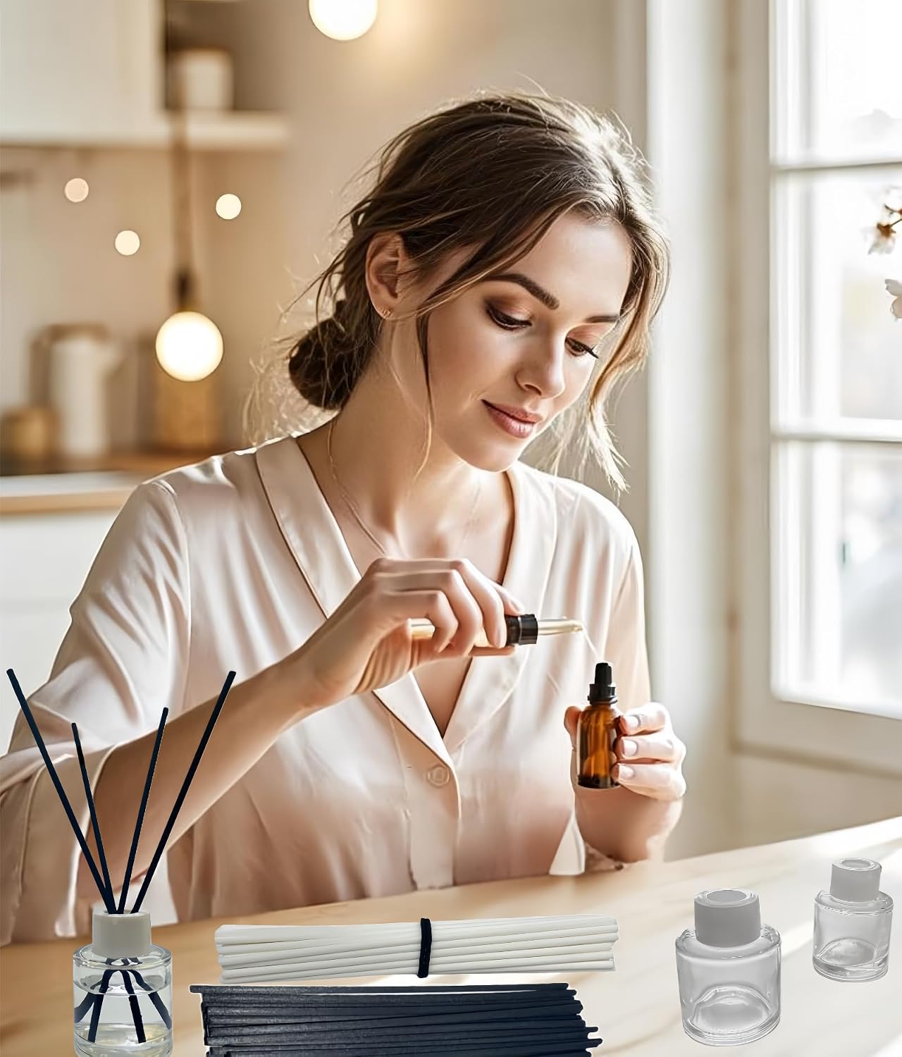 2 PCS Reed Diffuser Bottles Empty, 10Pcs Reed Diffuser Stick, Diffuser Bottle Capacity 50ml (1.7oz) Diffuser Stick 3.5mm-190mm, Suitable for Home, Hotel, Restaurant, Office Aromatherapy Tasks