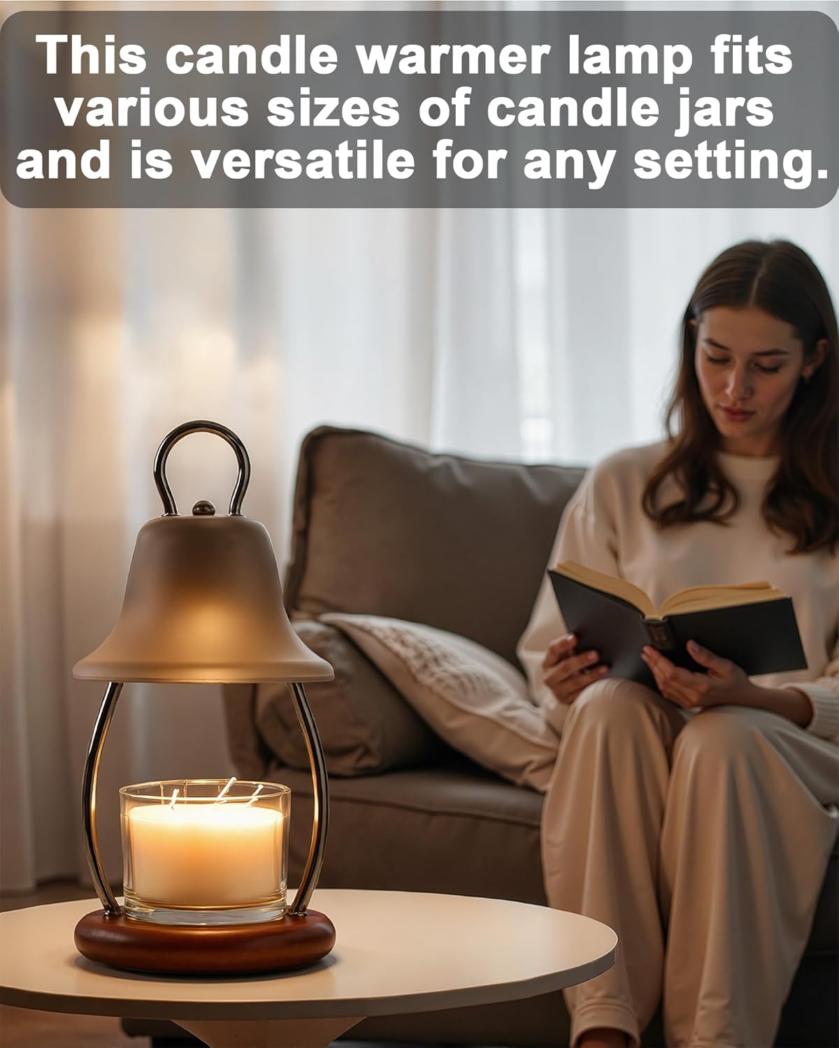 Candle Warmer Lamp with Timer - Adjustable Brightness & Glass Shade - Wooden Base with 2 Bulbs Included (Black)