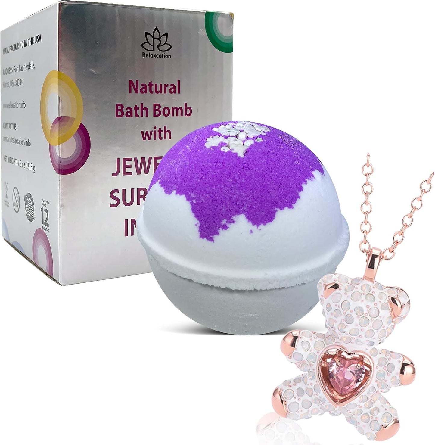 Bath Bomb with Surprise Bear Necklace Inside - Skin Moisturizing Natural Ingredients Safe for Kids - Bath Bomb with Bear Jewelry Inside for Women