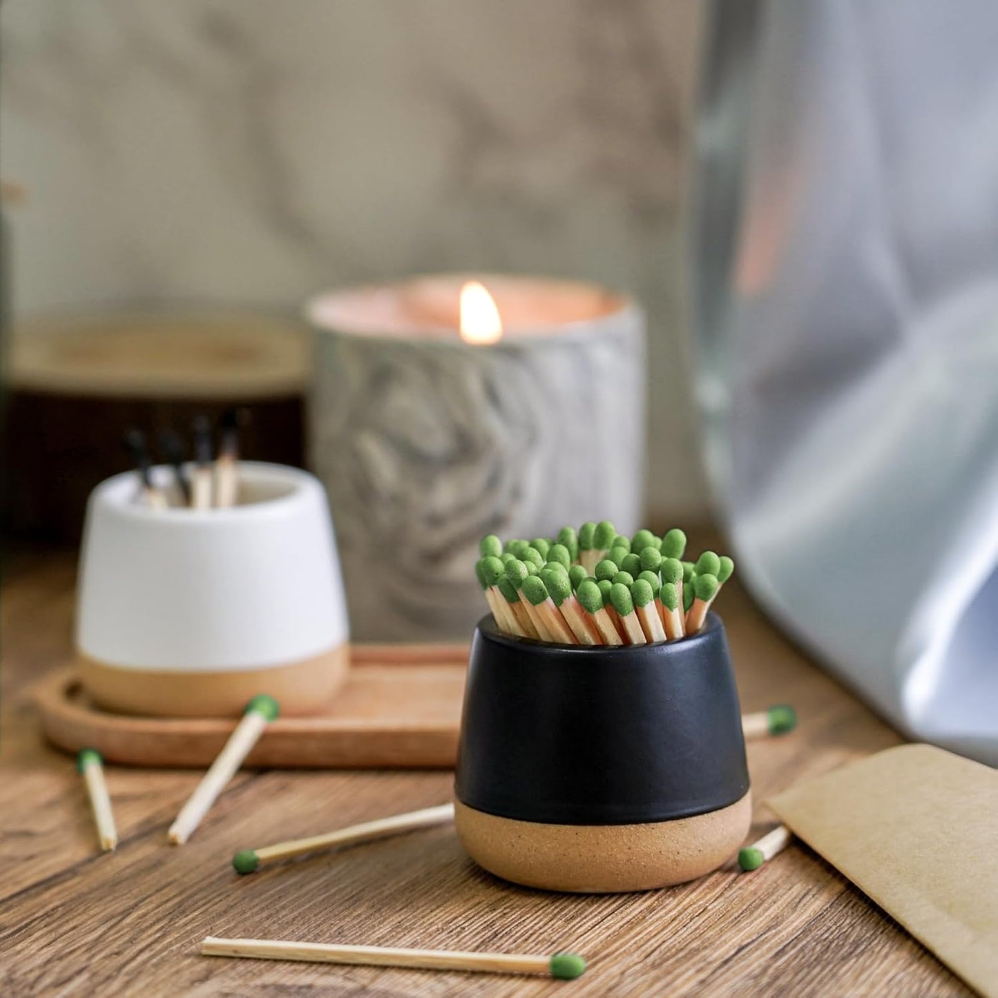 FreeJac Set of 2 Ceramic Match Holder with Striker - Match Container With Wooden Tray Matchstick Holder for Kitchen Bathroom Candle Parlor Modern Home Decor - MATCHES NOT INCLUDED