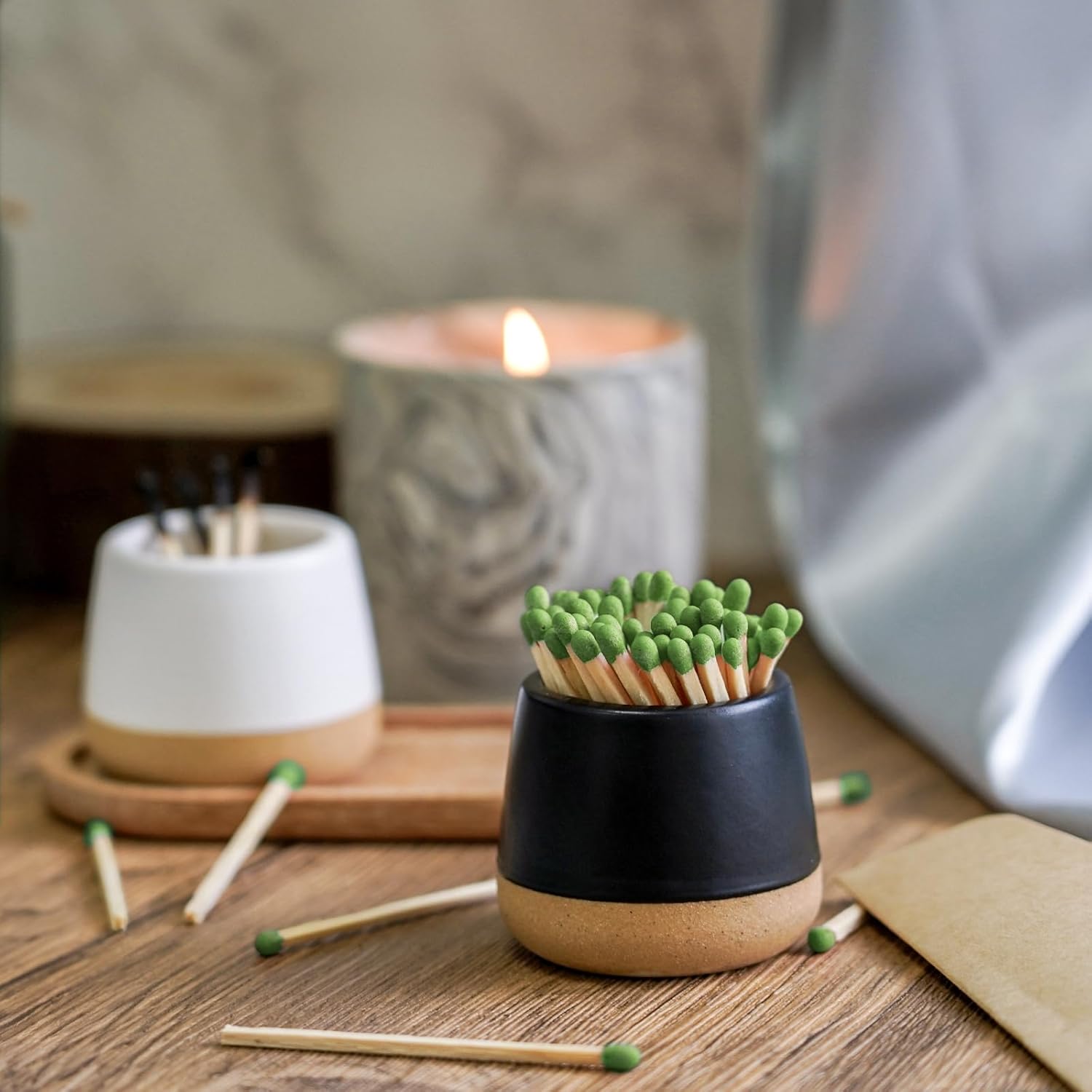 FreeJac Set of 2 Ceramic Match Holder with Striker - Match Container With Wooden Tray Matchstick Holder for Kitchen Bathroom Candle Parlor Modern Home Decor - MATCHES NOT INCLUDED