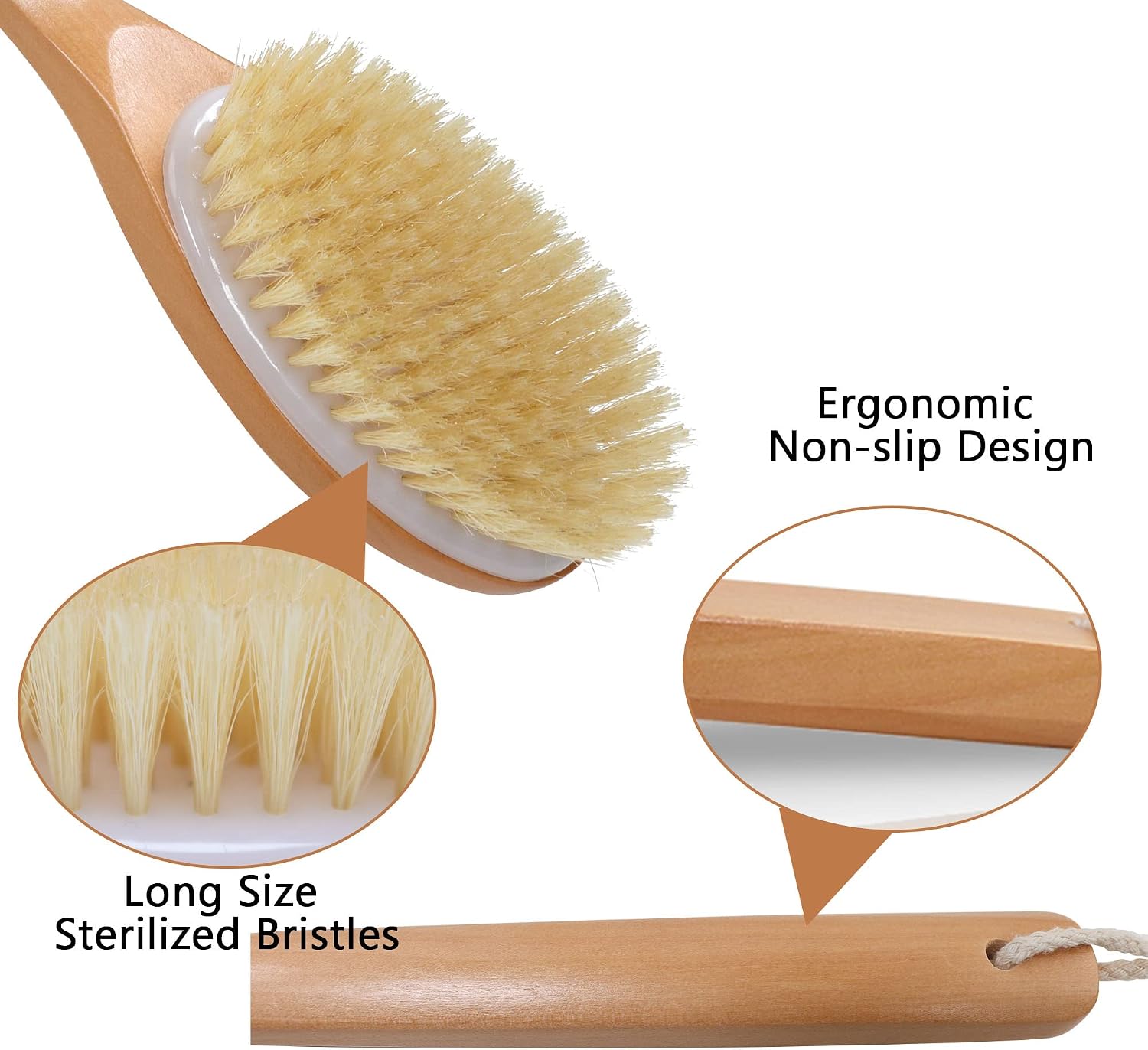 OWIIZI Bath Brushes with Soft and Natural Bristles Antiskid Wooden Long Handle Shower Body Scrubber for Wet or Dry Exfoliating,Back Scrub Deep Cleanse